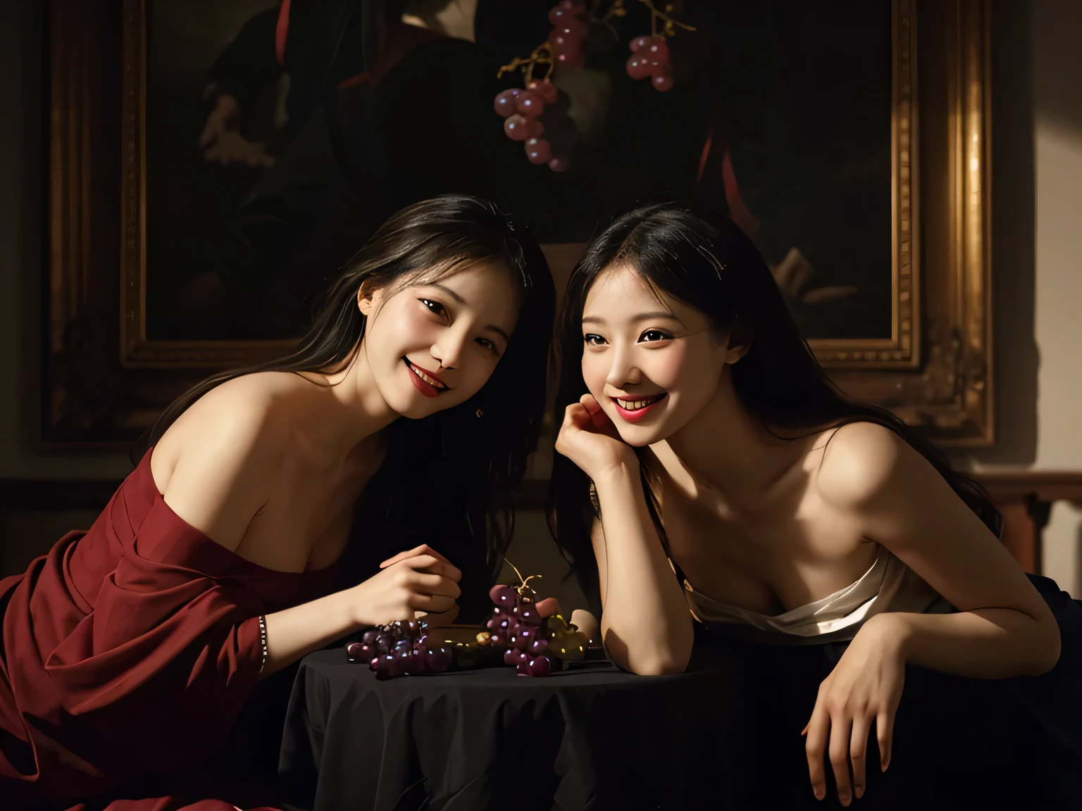 full body portrait ,fruits,Grapes,Rosa,antique,A smile,,Sweet and seductive appearance.、Caravaggio's paintings、Chiaroscuro of Caravaggio,Two women frolicking,Cute smile, Expression of ecstasy