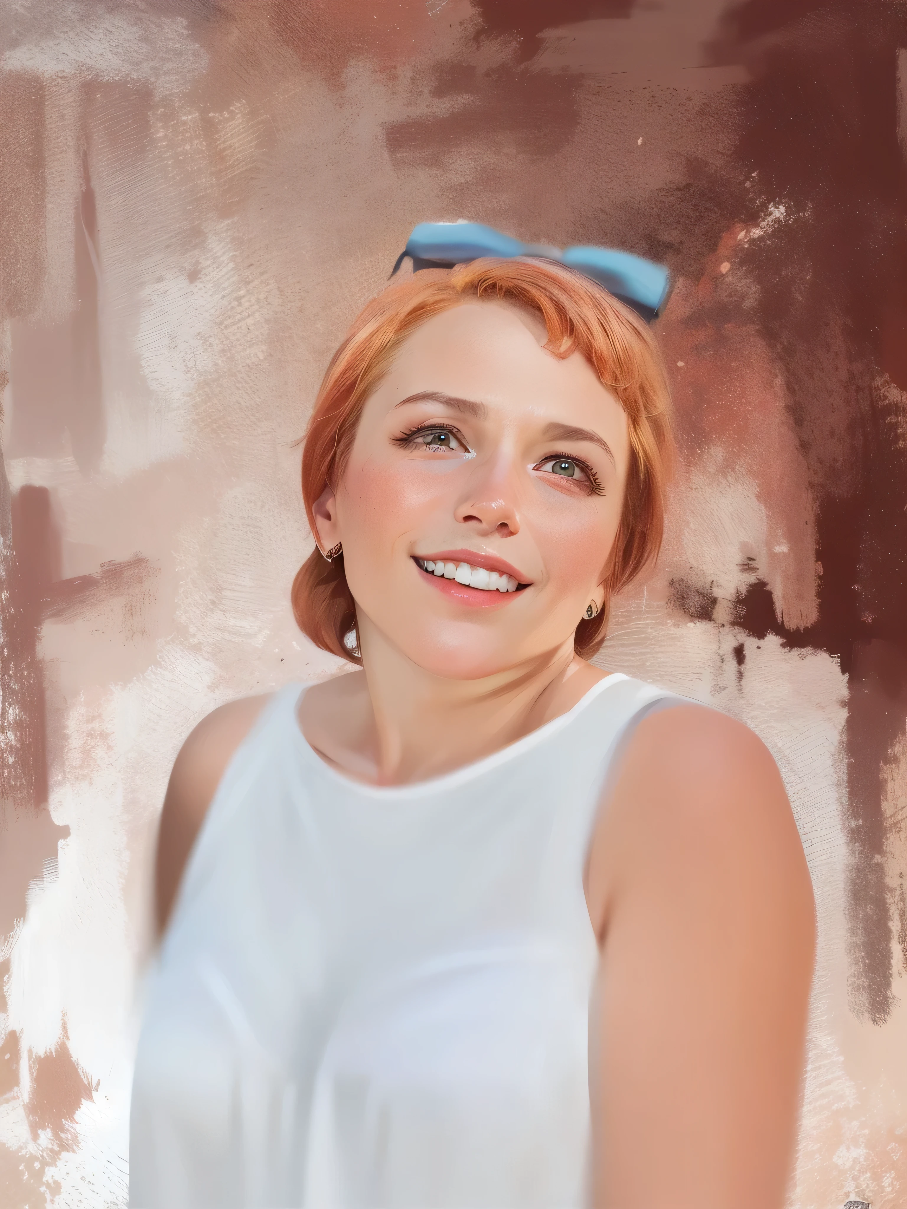 close-up of a woman with short hair and a white blouse, digital portrait, portrait art, Digital painting, background with paint strokes,  apply strokes to the wall behind, oil painting, portrait in digital painting styles, the hair is clearly drawn, Good quality, short hair, Alexandra Valishevskaya, color portrait, portrait in profile, high quality portrait