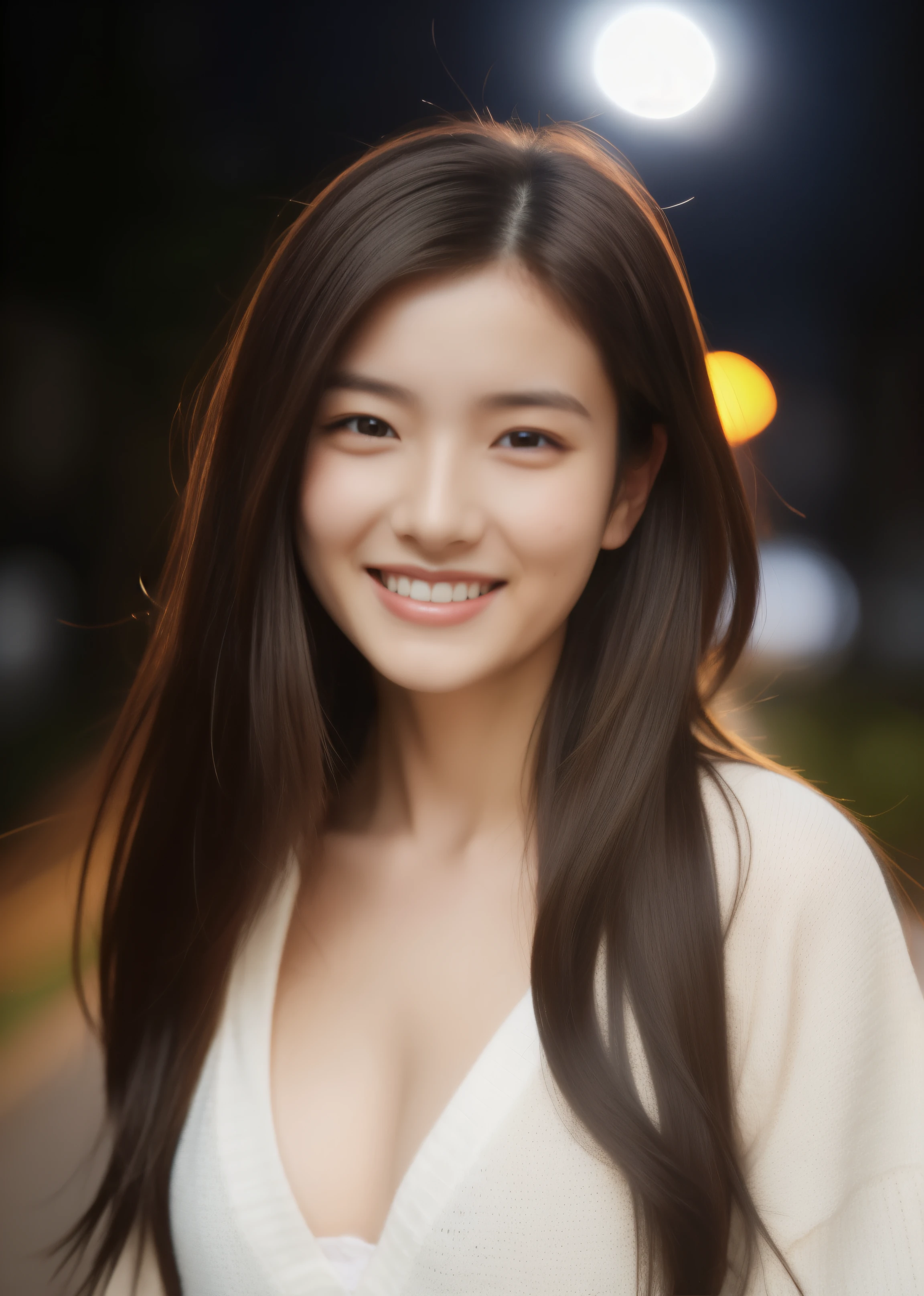beautiful 14 year old woman。She wears a camisole。She looks ecstatic as if she had an orgasm during sex..。her dark brown hair、、her hair is long。High resolution、masterpiece、highest quality、Head w:1.0、((Hasselblad Photos))、fine skin、fine knit、(movie lighting)、clavicle . she is smiling.