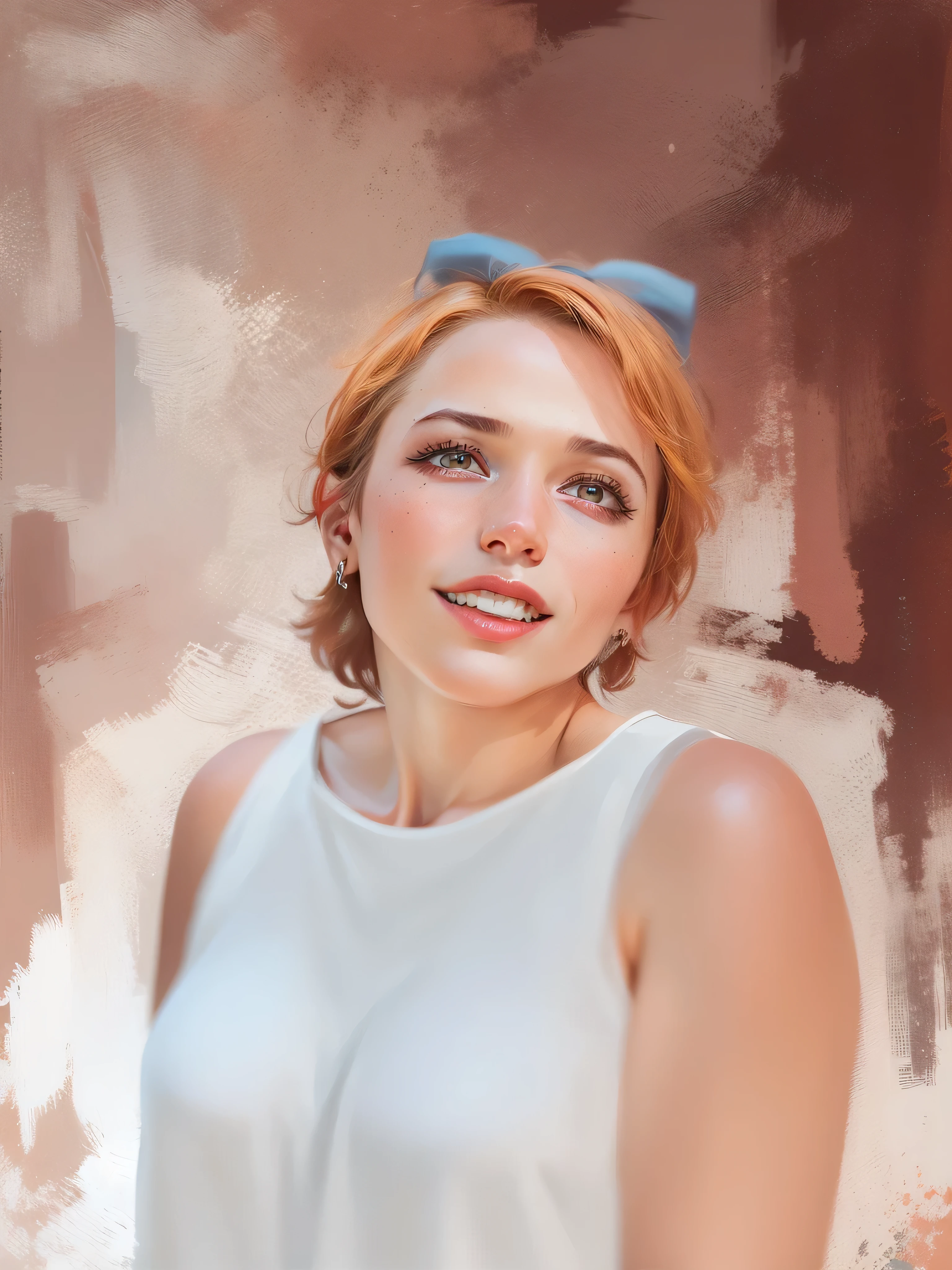 close-up of a woman with short hair and a white blouse, digital portrait, portrait art, Digital painting, background with paint strokes,  apply strokes to the wall behind, oil painting, portrait in digital painting styles, the hair is clearly drawn, Good quality, short hair, Alexandra Valishevskaya, color portrait, portrait in profile, high quality portrait