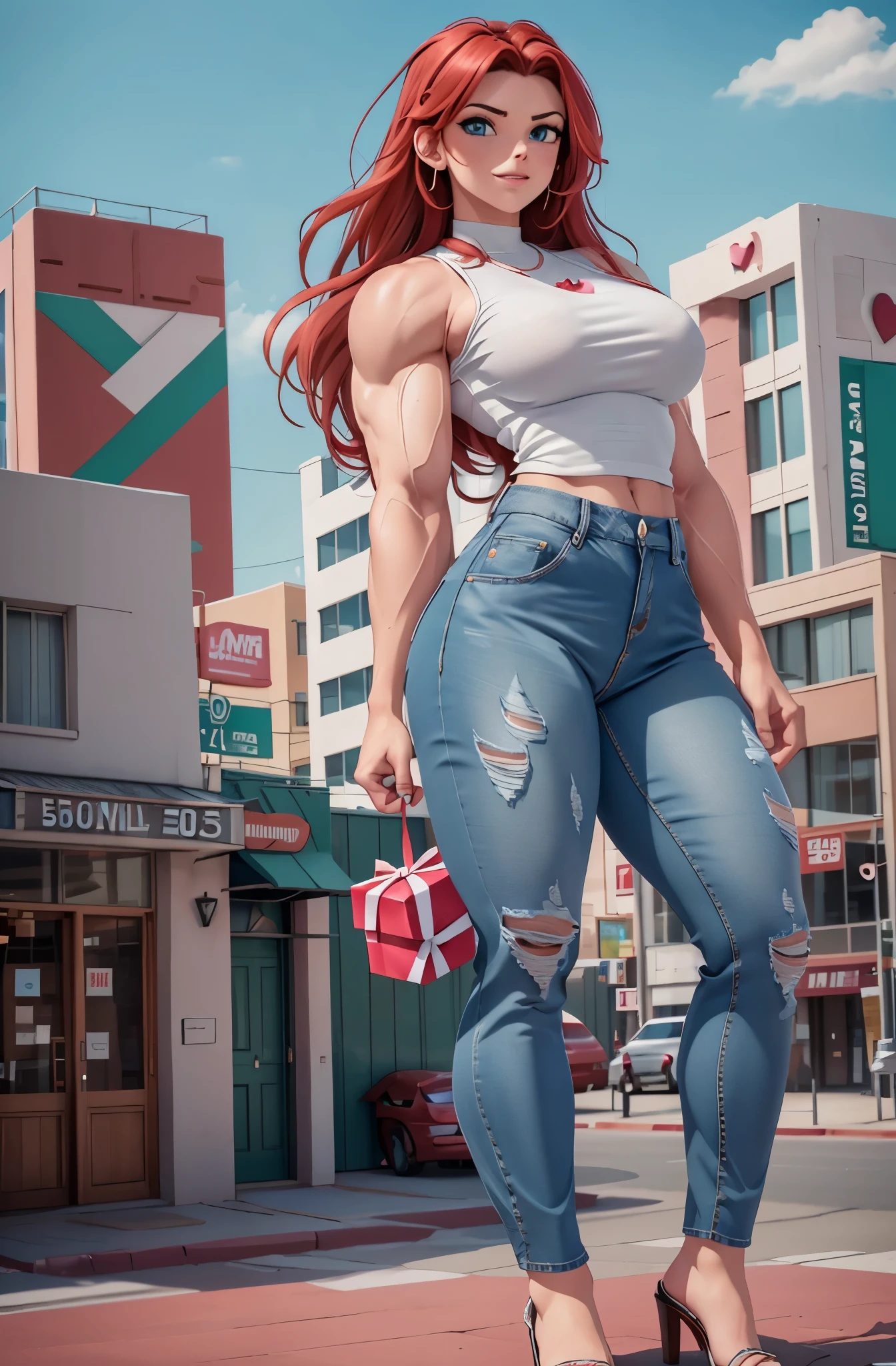 Giantess art, size art, (Attack of the 50 foot woman inspired), (8k, RAW photo, best quality, masterpiece:1.2), (intricate details), perfect eyes, perfect face, perfect lighting, beautiful, (masterpiece:1.2), (best quality:1.2), 1girl, solo, red hair, light freckles, green eyes, happy face, (massive H cup breasts), wide hips, extreme hourglass figure, Too Tall, ((((50 feet tall)))), long torso, (distressed jeans, t-shirt), full body, scenic outdoor photo, Towering over a small town, romantic vibe, pin up, 3DMM, ((((Valentines Day)))), ((((huge muscles)))), muscular, muscle on muscle, massive size, massive body, thick, thick