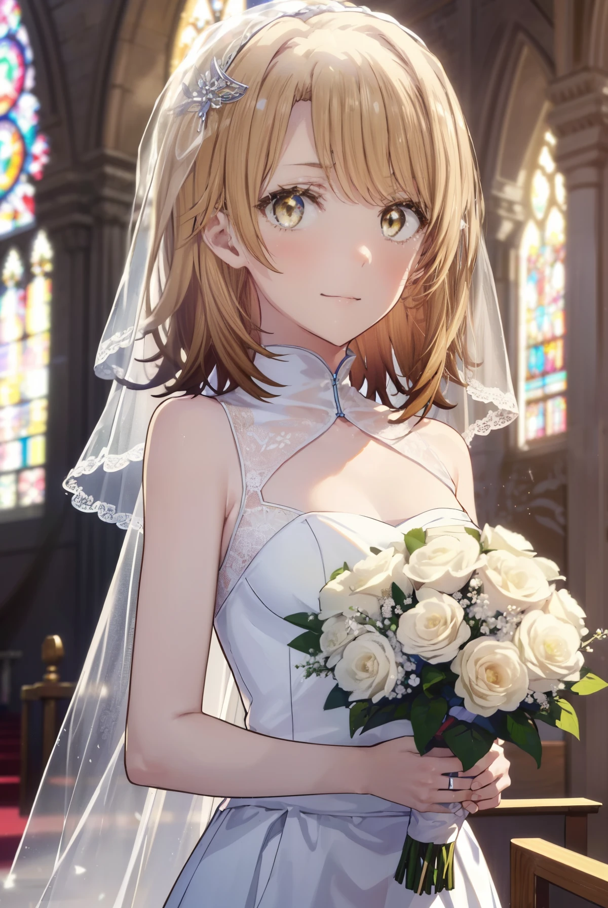 irohaisshiki, Isshiki Iroha,long hair, brown hair, (brown eyes:1.5),blush, smile,open your mouth,Wedding dress、Wedding Skirts,veil,bouquet,owns a large bouquet of flowers in both hands,大量の花束を投げている
break indoors, church,チャペル
break looking at viewer,Upper body, whole body,
break (masterpiece:1.2), highest quality, High resolution, unity 8k wallpaper, (shape:0.8), (beautiful and detailed eyes:1.6), highly detailed face, perfect lighting, Very detailed CG, (perfect hands, perfect anatomy),