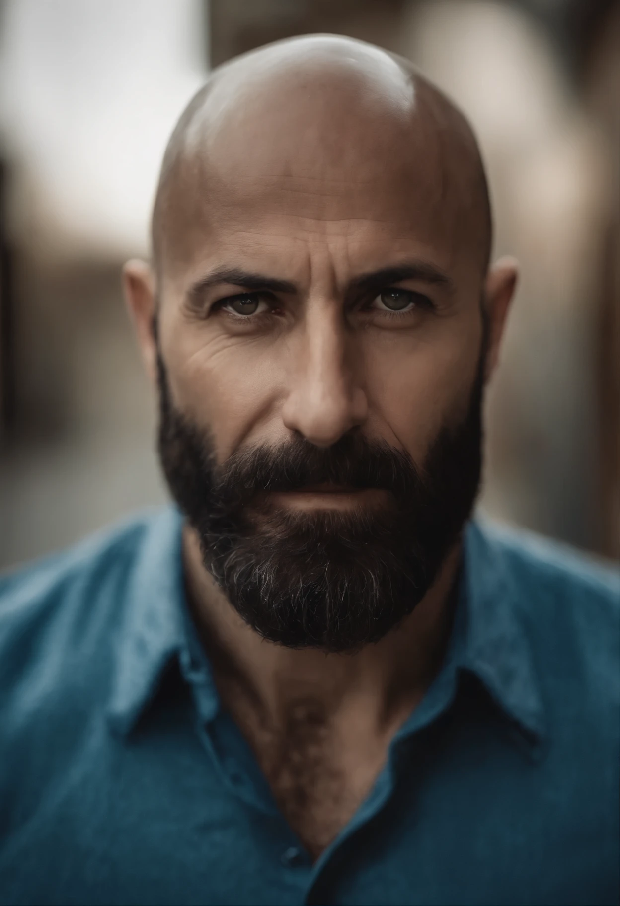 male, bald, forty years old, full beard, toothy, thin eyebrows, a mole under his right eye, long nose, blue shirt, brown tie, says hello.