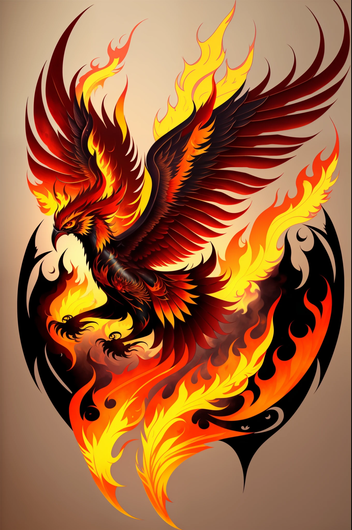 Phoenix tattoo, flying, made of fire, wings shedding flames

