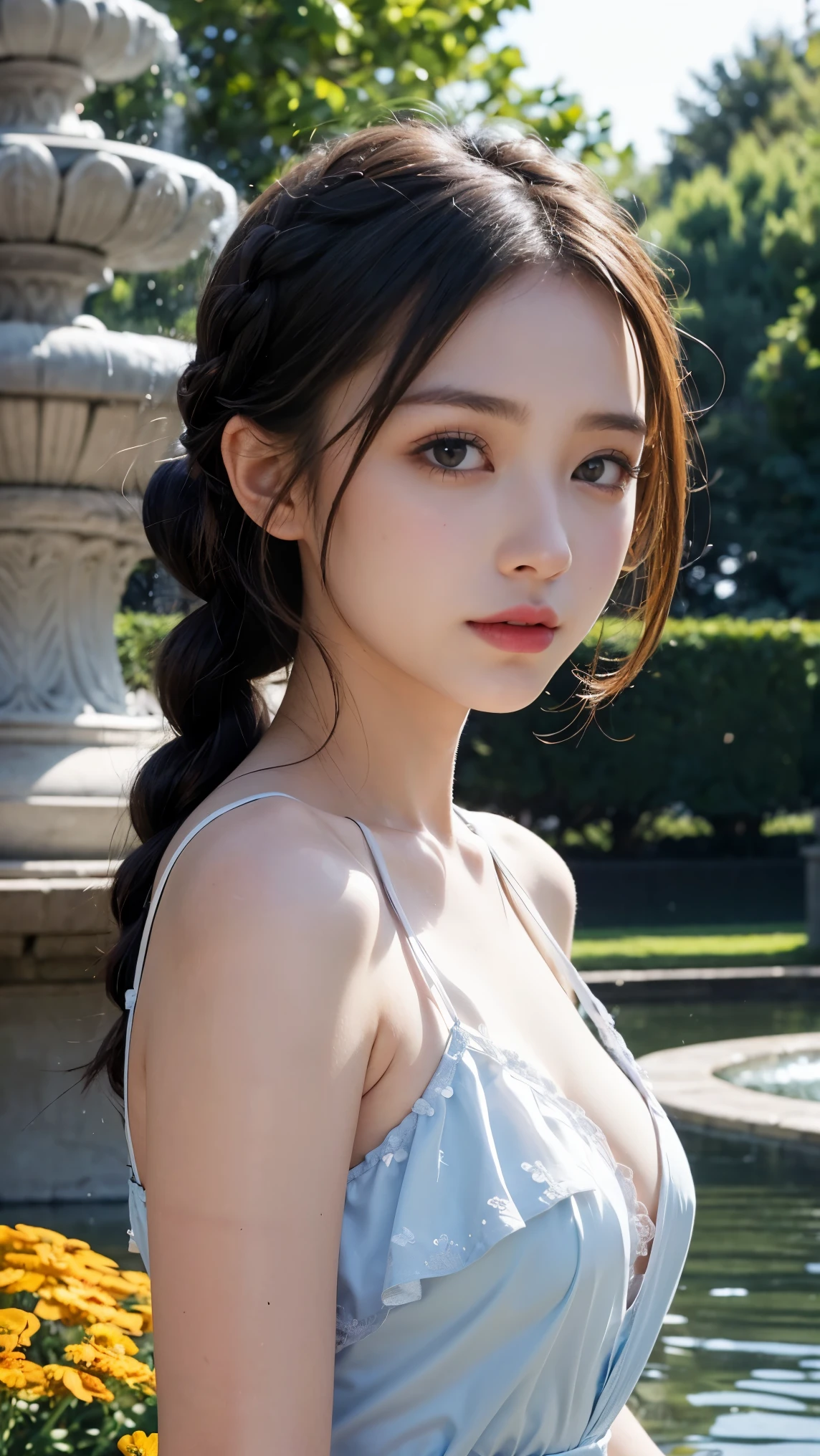 masterpiece, highest quality, very detailed, 8k, realistic, soft focus, detailed and beautiful eyes, detailed face, double eyelid, 1 girl, alone, beautiful skin, real human skin, close up shot, whole body, Beautiful and firm chest, beautiful cleavage, mature body, 18 year old girl, beautiful girl, japanese idol, (french braid:1.3), brown hair, break,(Pareo dress with a zigzag chevron motif that creates a gradation with similar white colors, pink, and fuchsia, and shines brightly),break, Smile,Position near the park with the Eiffel Tower in the background, model pose, NSFW