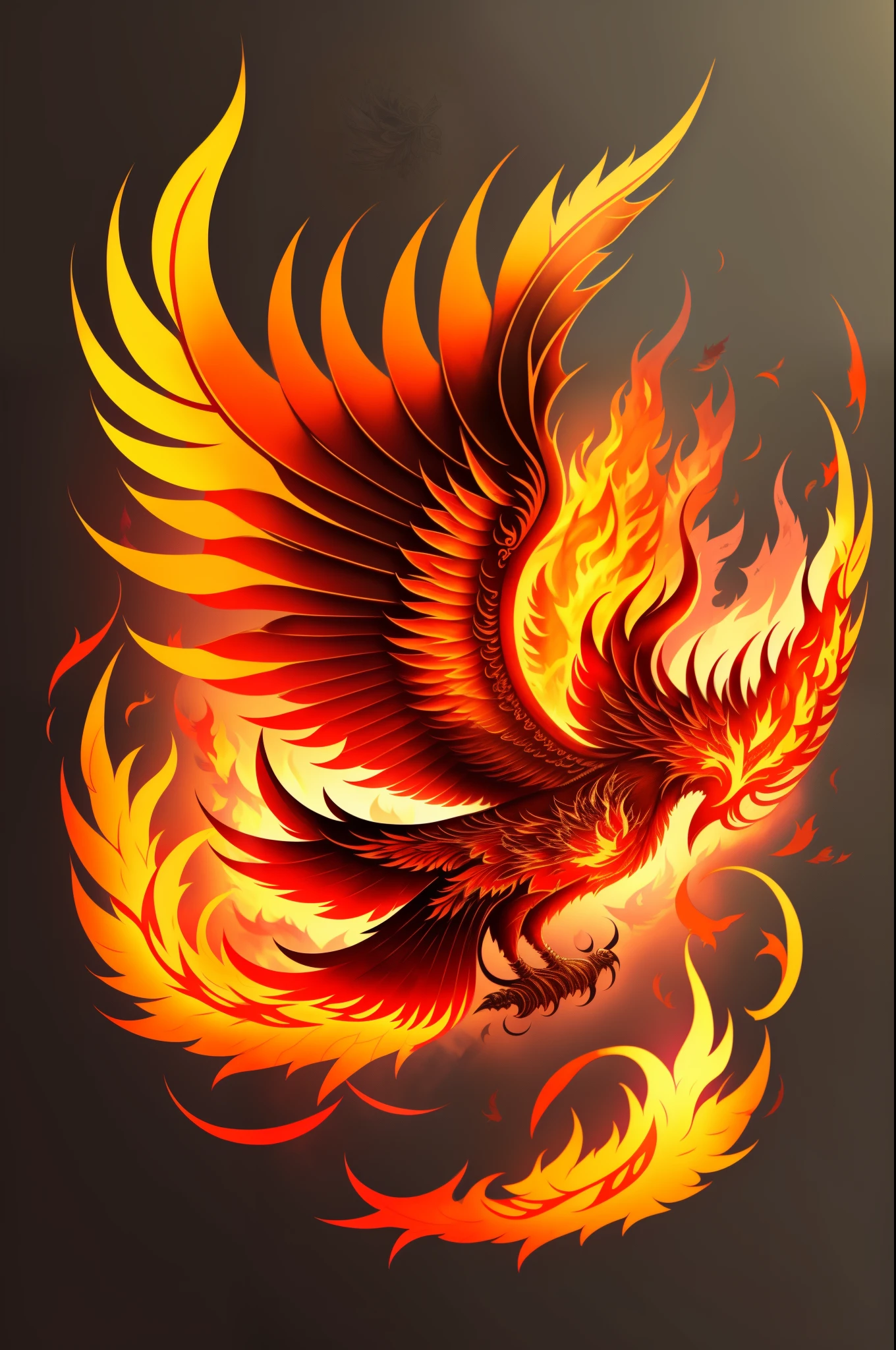 Phoenix tattoo, flying, made of fire, wings shedding flames


