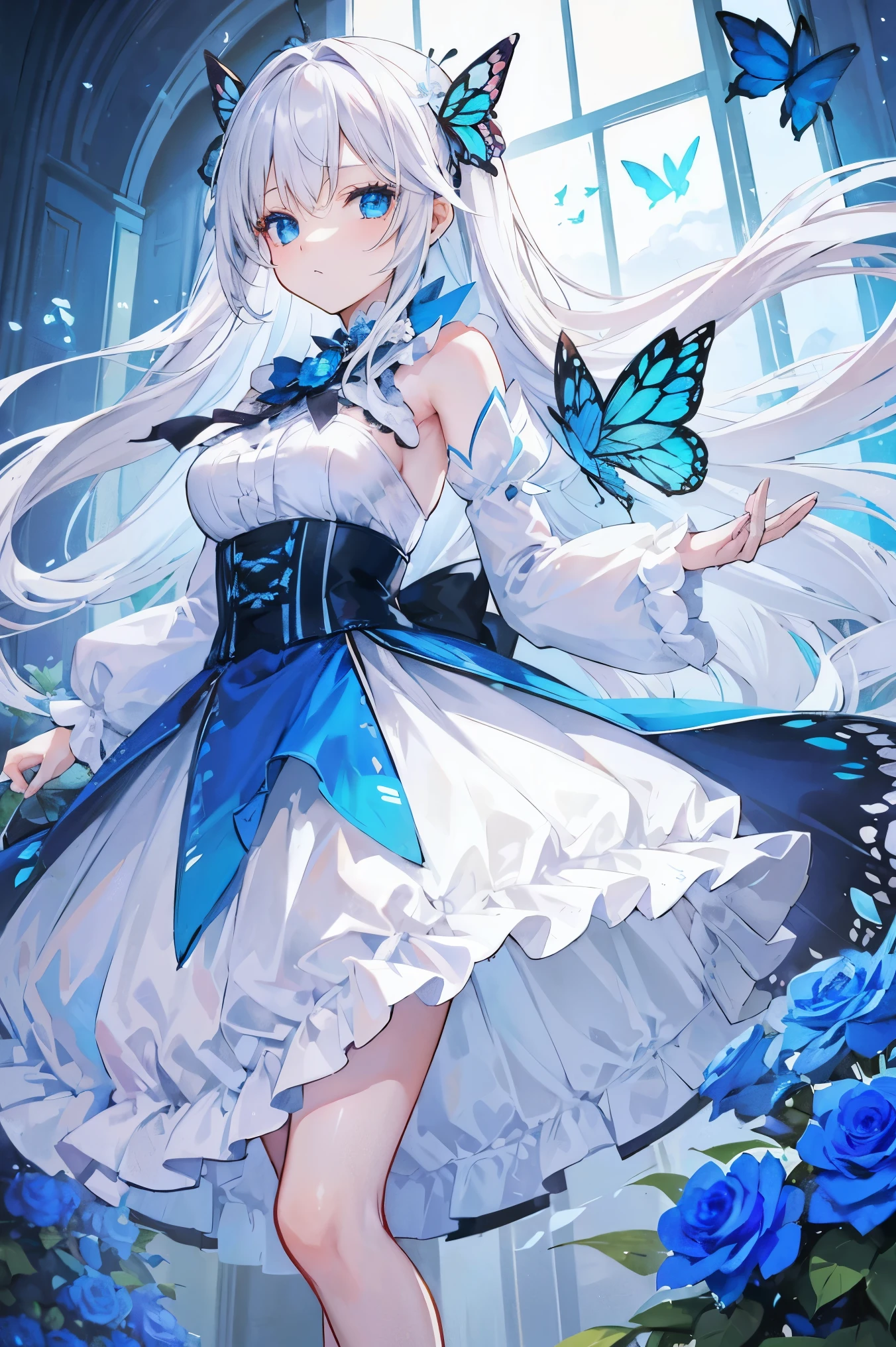 long white hair,blue colored eyes,blue butterfly,butterfly,layered lolita skirt,butterfly模様のスカート,Blue roses