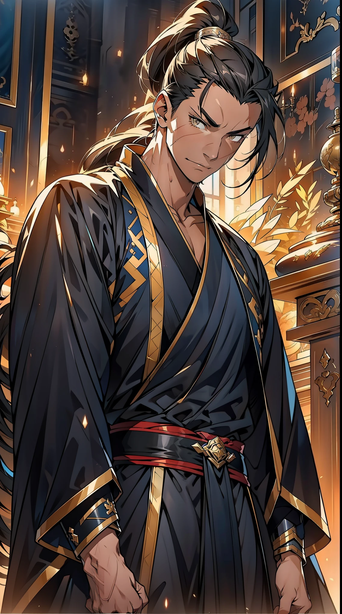 Two dimensions,anime style,one person(male warrior),proportions are correct,facial details,swordsman,high ponytail hairstyle,neck detail,Have an Adam's apple,Black and gold robe,joke,Black and gold robe,clothing details,Hand over,long sleeves,Game quality,fencing,Ray tracing,Ray tracing,Detailed glow,CG rendering,hair details,Long black and blond hair,Black-gold eyes,Handsome,Handsome,(Youthful feeling),Clothing is complicated,Perfect composition,refine,high quality,higher details,many details,Complex background,a sense of atmosphere,