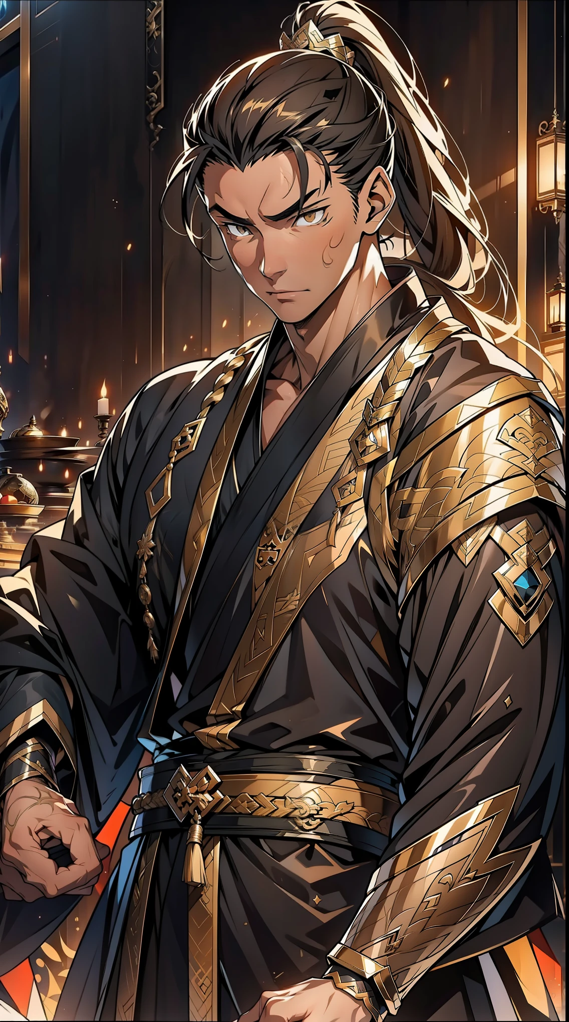 Two dimensions,anime style,one person(male warrior),proportions are correct,facial details,swordsman,high ponytail hairstyle,neck detail,Have an Adam's apple,Black and gold robe,joke,Black and gold robe,clothing details,Hand over,long sleeves,Game quality,fencing,Ray tracing,Ray tracing,Detailed glow,CG rendering,hair details,Long black and blond hair,Black-gold eyes,Handsome,Handsome,(Youthful feeling),Clothing is complicated,Perfect composition,refine,high quality,higher details,many details,Complex background,a sense of atmosphere,