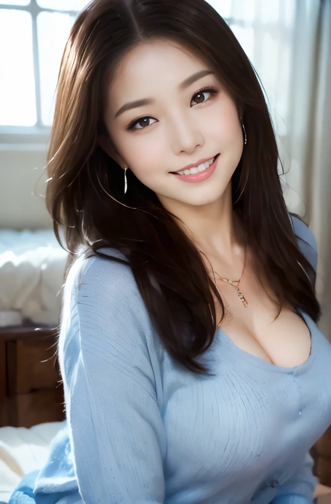 (22 year old female), (big breasts:1.3),  ((grab the viewer&#39;s hand)), Night view in the background、blue sweater、(master piece: 1.3), (maximum resolution: 1.4), (ultra high vision: 1.2), cinematic light, ultra high vision, (fine eyes and skin), (detailed facial features), NSFW, 8K resolution, perfect style, beautiful expression、Highly detailed face and skin texture、detailed eye、double eyelid、eye shadow:1.2、glitter eyeliner:1.2、thin cheeks、shiny skin、(pure white skin:1.3)、small shiny necklace and earrings,glossy lips:1.2、((full body shot:1.2))、((from a very intimate distance:1.2))、(straight hairstyle、dark brown hair)、long hair、(very affectionate smile:1.3)、From above