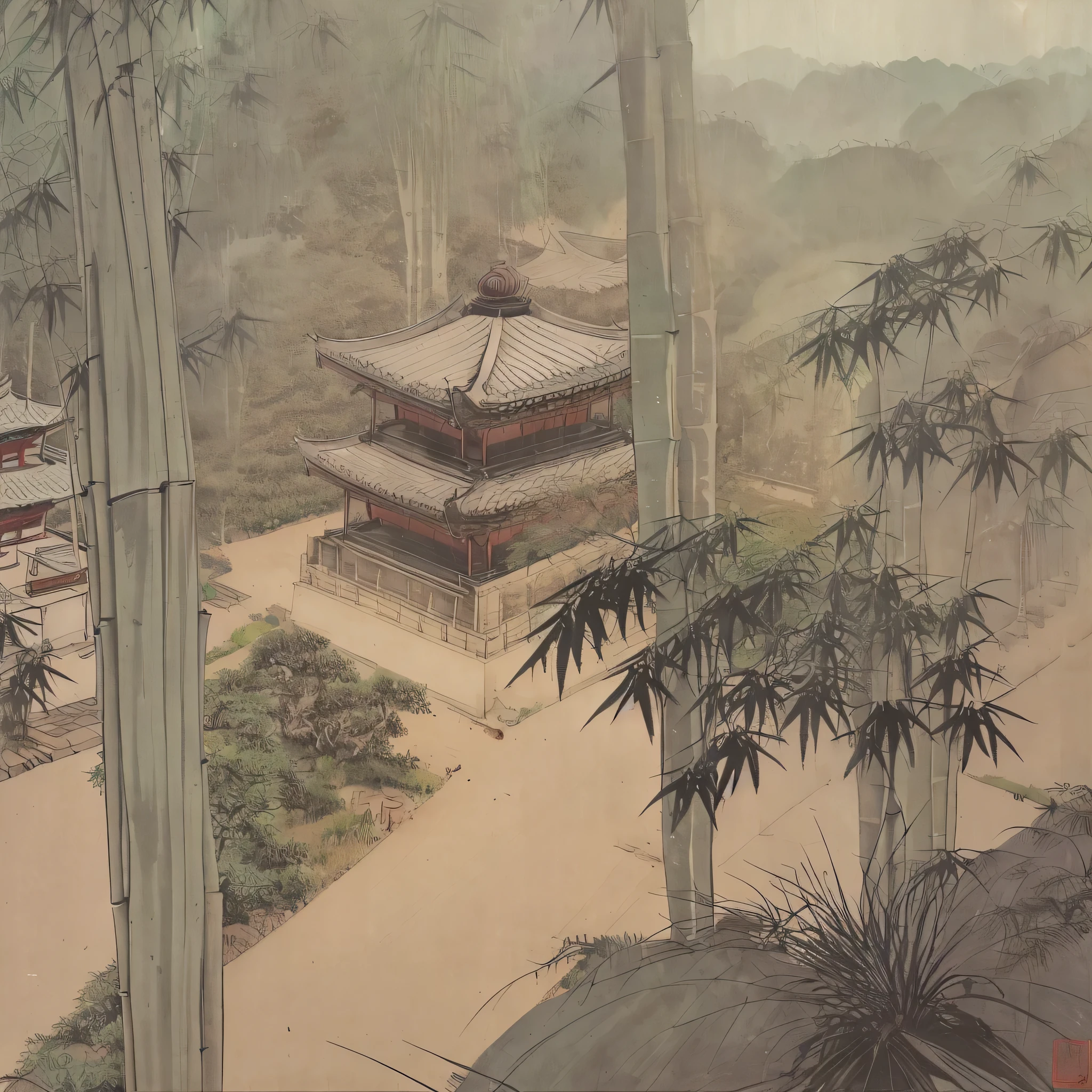 bamboo forest , path , Canopy , pagoda temple beyond the canopy covered path , Pagoda in the center of the horizon