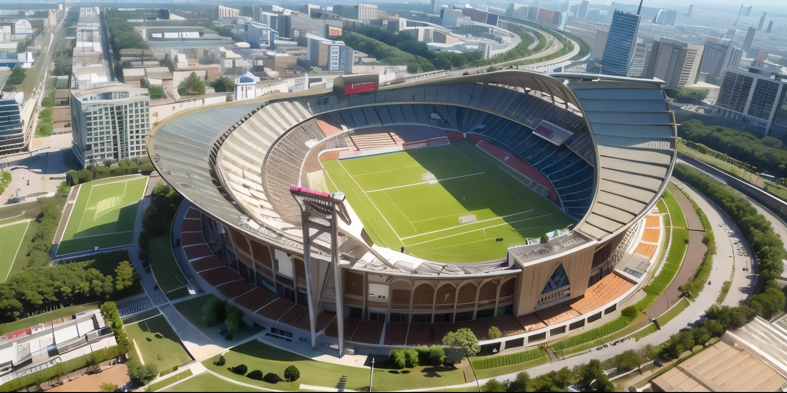 arafed view of a stadium with a soccer field and a city in the background, stadium landscape, soccer stadium, art deco stadium, stadium setting, stadium, stadium full of people, viewed from bird's-eye, beautiful atmosphere, beautiful image, wonderful masterpiece, bangkok, grass field surrounding the city, aerial shot, beautiful high resolution, high quality image”, thailand
