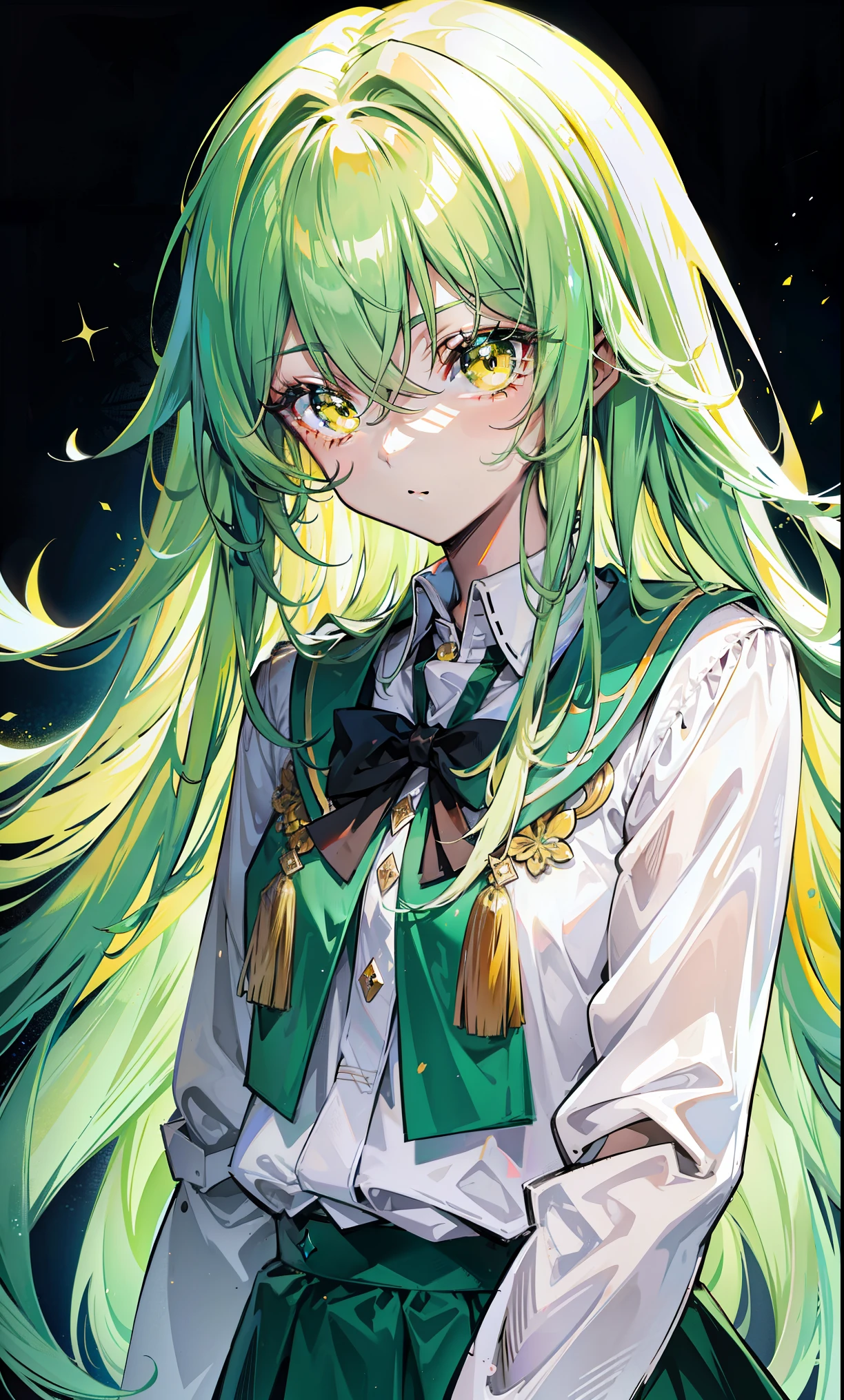 long green hair,There are six symmetrical eyes on the face.,royal yellow eyes,glowing brown skin,In school uniform,He's a really cute weirdo