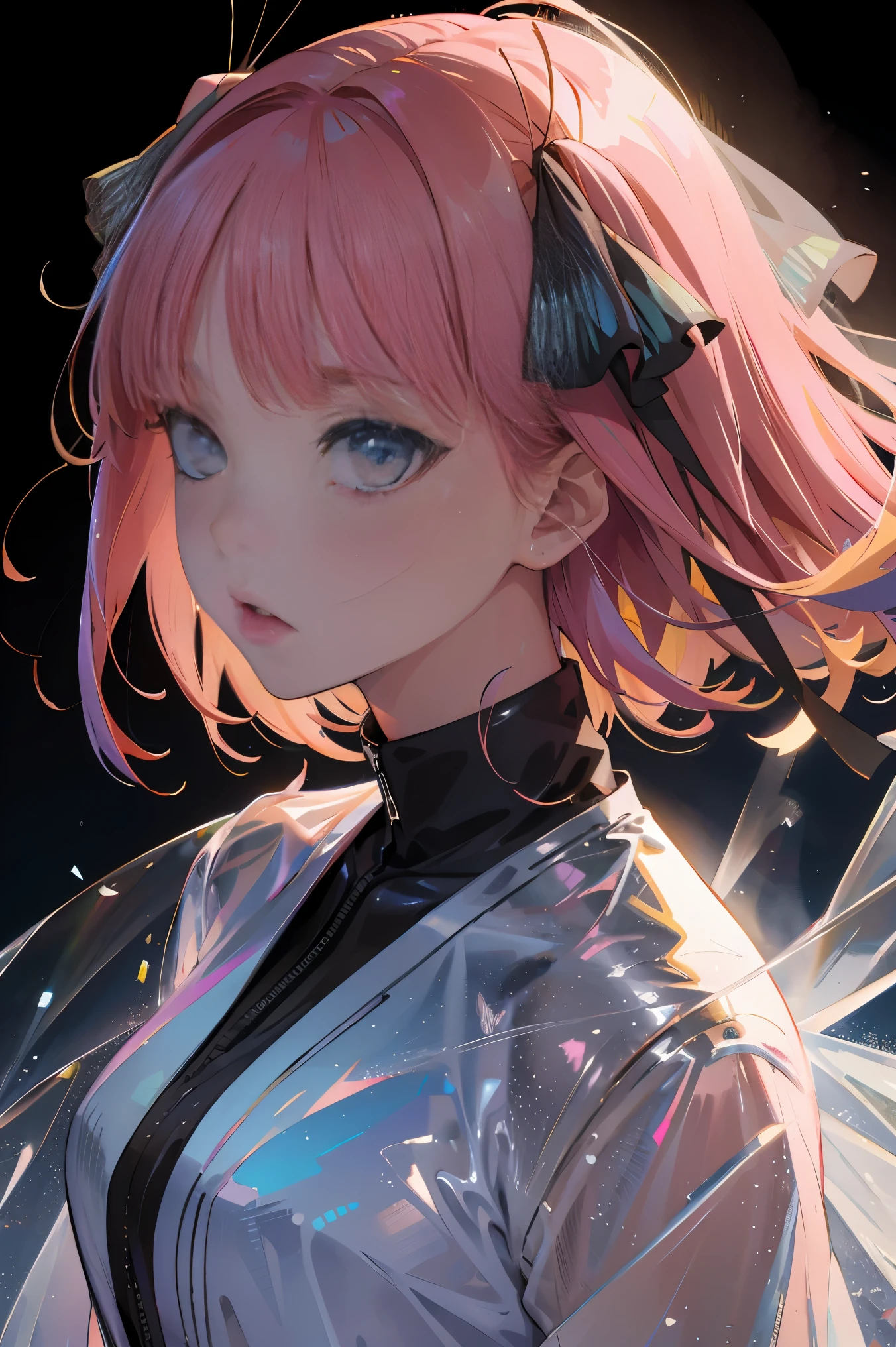 Official art, Unity 8k Wallpapers, ultra-detailliert, Beautifully Aesthetic, masterpiece, top-quality, realisitic, a closeup, Skindentation, interface, A detailed eye, A detailed face, detailed hairs, black backgrounds, straight-on, looking at the viewers, The sheen, Anime, highly detailed with reflections transparent iridescent opaque jacket, Long transparent iridescent RGB hair, 1girl in, Solo, fronds, Long hair, Blurry, Shirt, Parted lips, Outdoors, Floating hair, Long sleeves, White shirt, Bangs, Upper body, Open mouth, tusk, Brown eyes, Wind, Winters,Yuki,snowscape,Blurry background, day, depth of fields, bug,The Bride of Fifths,Jino Nakano,A pink-haired,short-hair,バレンタインチョコを持っている