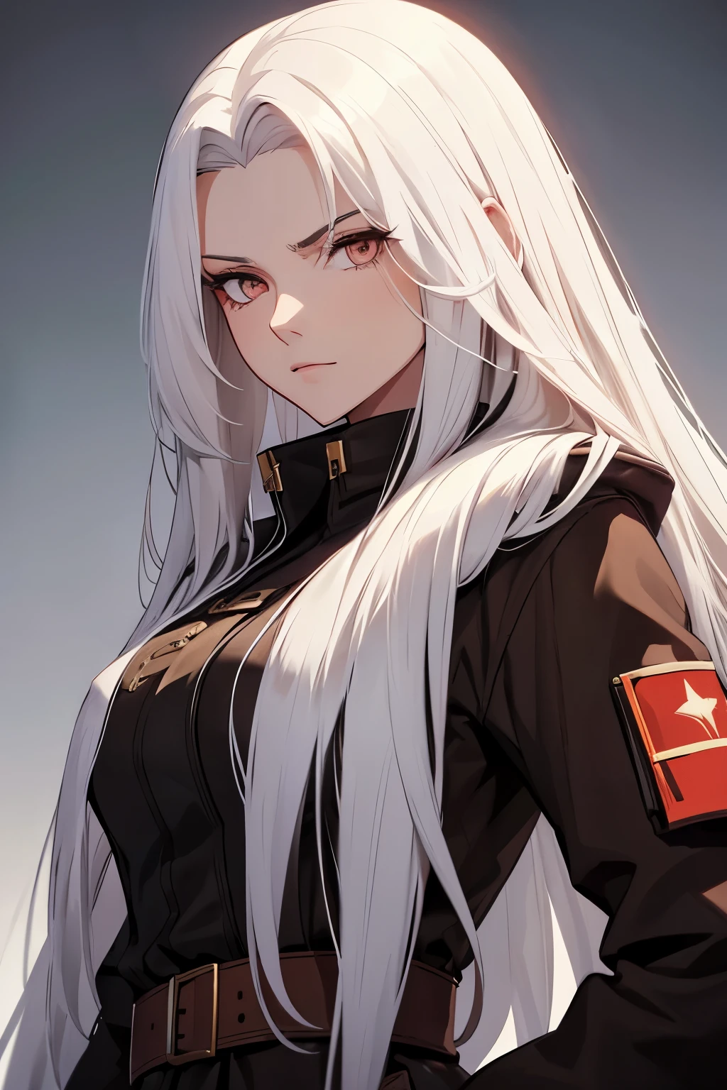 a tall soviet woman with long white hair in long dark brown coat. narow eyes. boss look. high quality. visual novel style