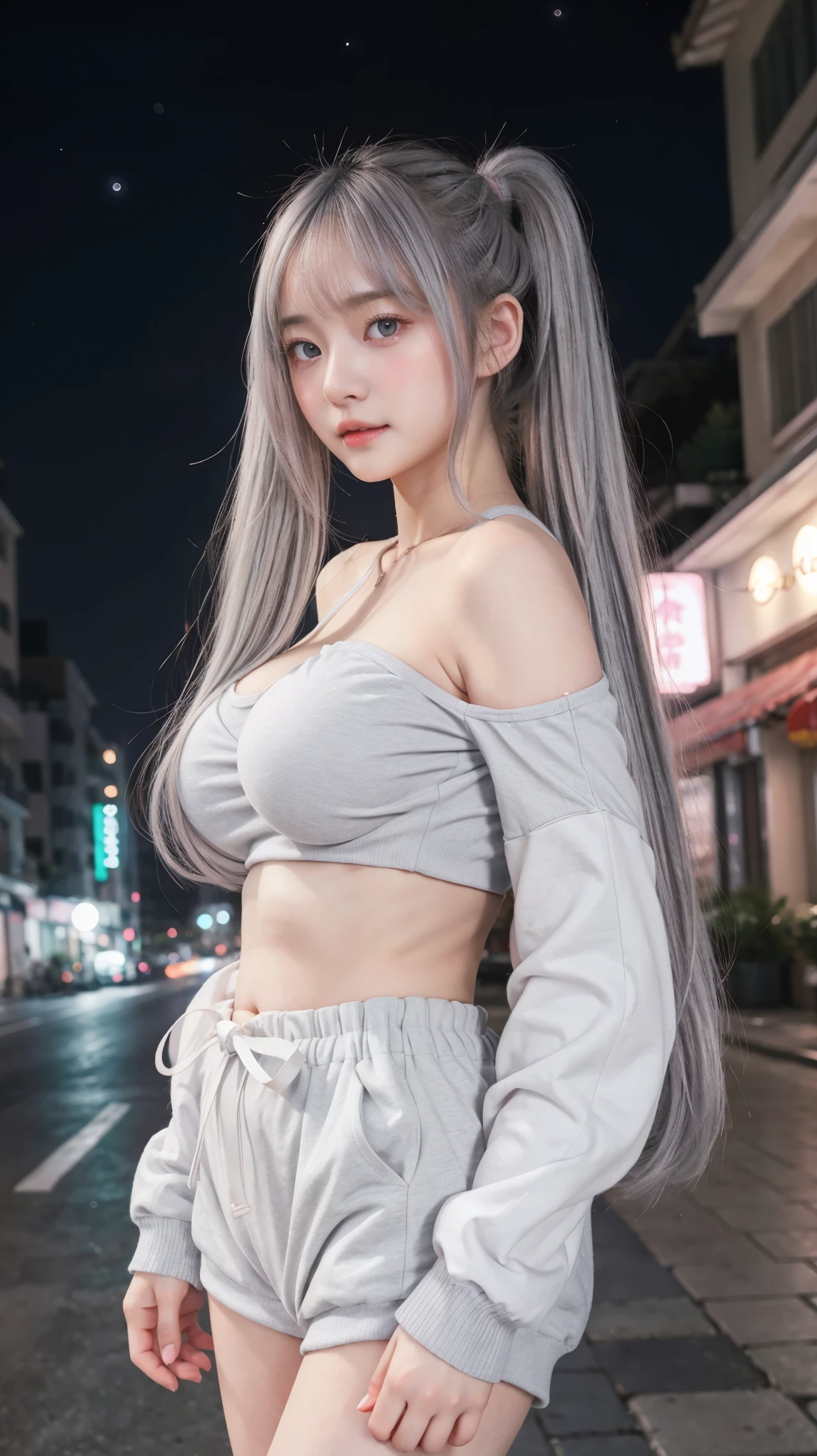 1 Girl, Beautiful, Baby Face, 20 Years Old, White Skin, Colossal Breasts, Sexy Pose, Pastel Colour Anime Outfit Coatumes, ((Pastel Colout Outfit)), ((Grey Eye)), Muscles, Bokeh, Chinese Street Background, Masterpiece, ((Night)), Twintail, Shoulder Off