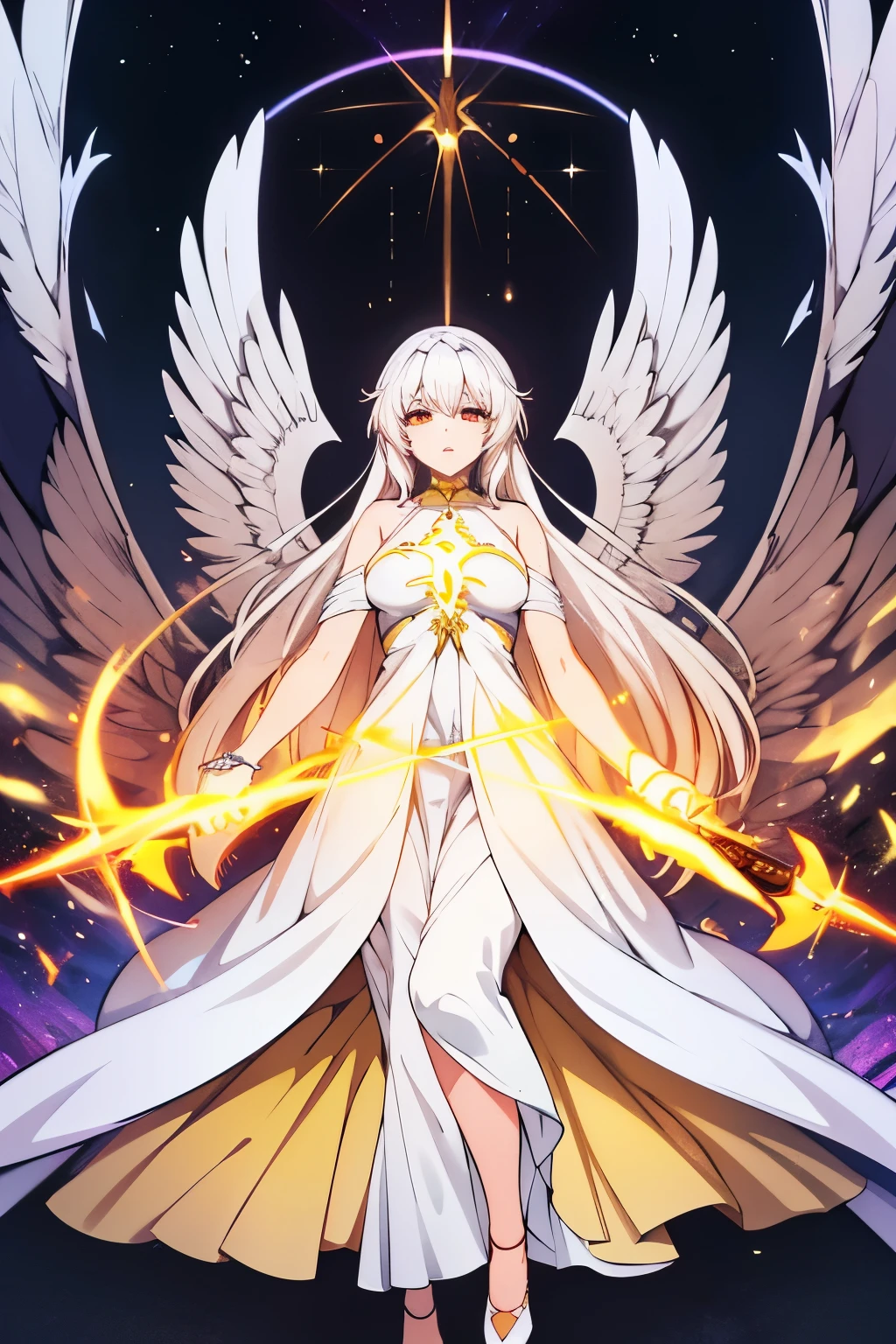 1girl, goddess, white hair, yellow golden glowing eyes, white dress, angel wings, beautiful girl, long hair, masterpiece, best quality, highres, absurdres

