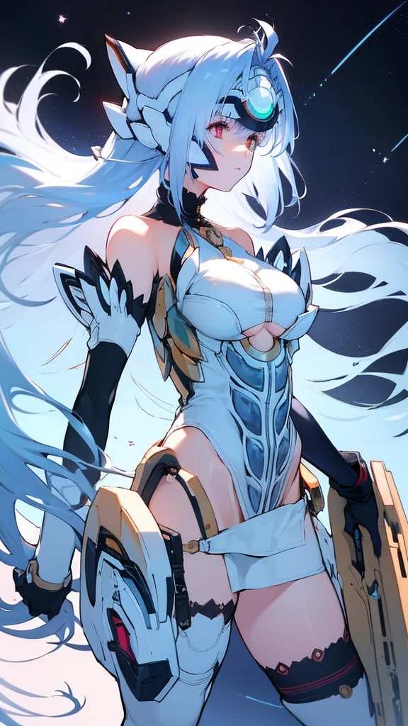 nice hands、perfect hands、(Highly detailed CG Unity 8K wallpaper、very delicate and beautiful)、(perfect anatomy:1.2)、1 girl、alone、armor、bare shoulders、naked cleavage、earrings、amount_protector、gem、gloves、hair ornaments、hair band、Helmet、jewelry、neon trim、perfect for your skin、tiara、blue hair、eyelash、Floating hair、big breasts、red eyes、flowing bangs、 very long hair、stop temporarily、Expressionless、space background、Are standing、staring at the viewer、Fluffy silver hair, plump slender girl、boots、