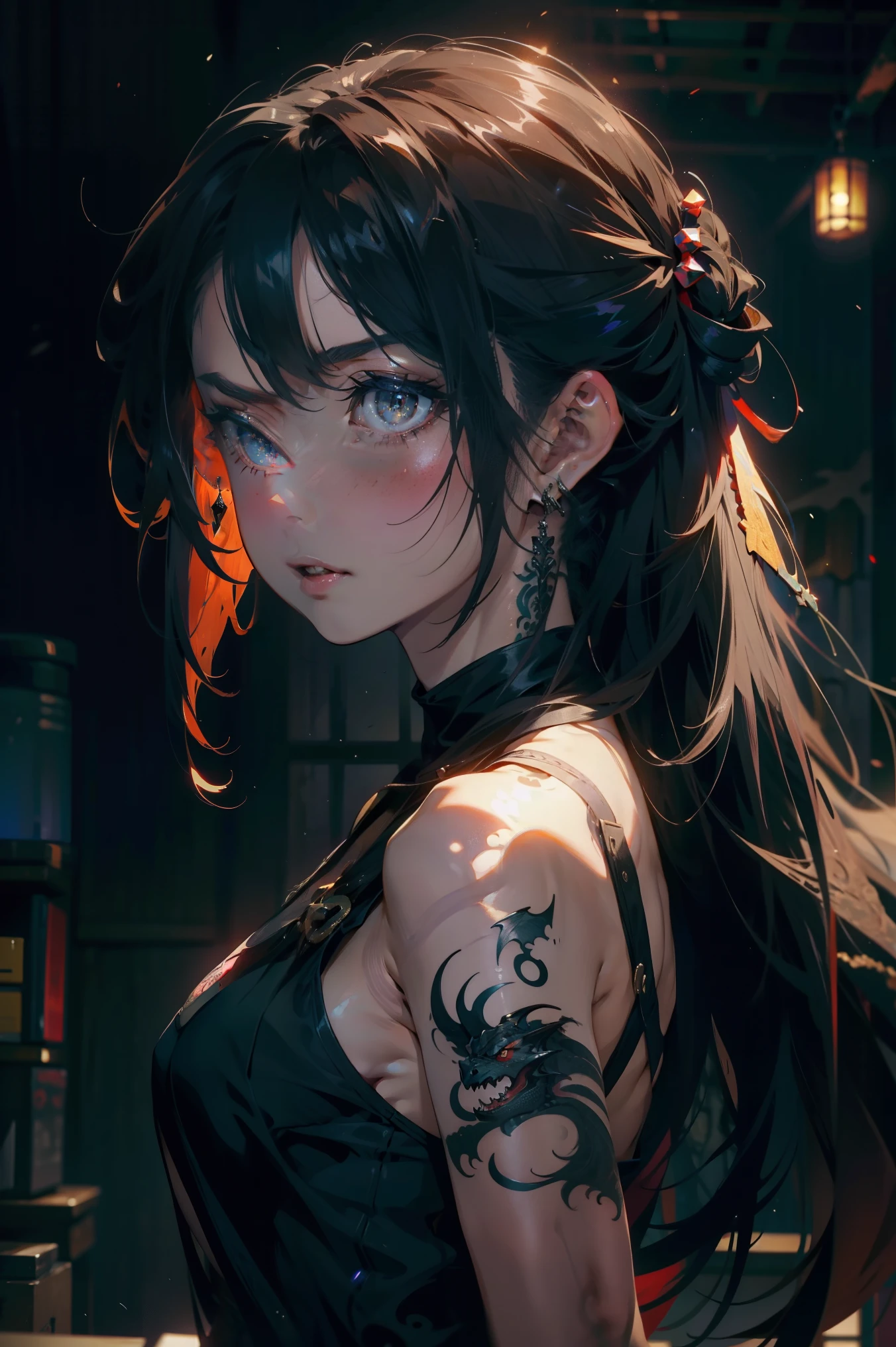 1girl, facing backwards, head to the viewer, sexy, long black dress, tattoo,dragon tattoo upper body, face focus, dark background, depth of view