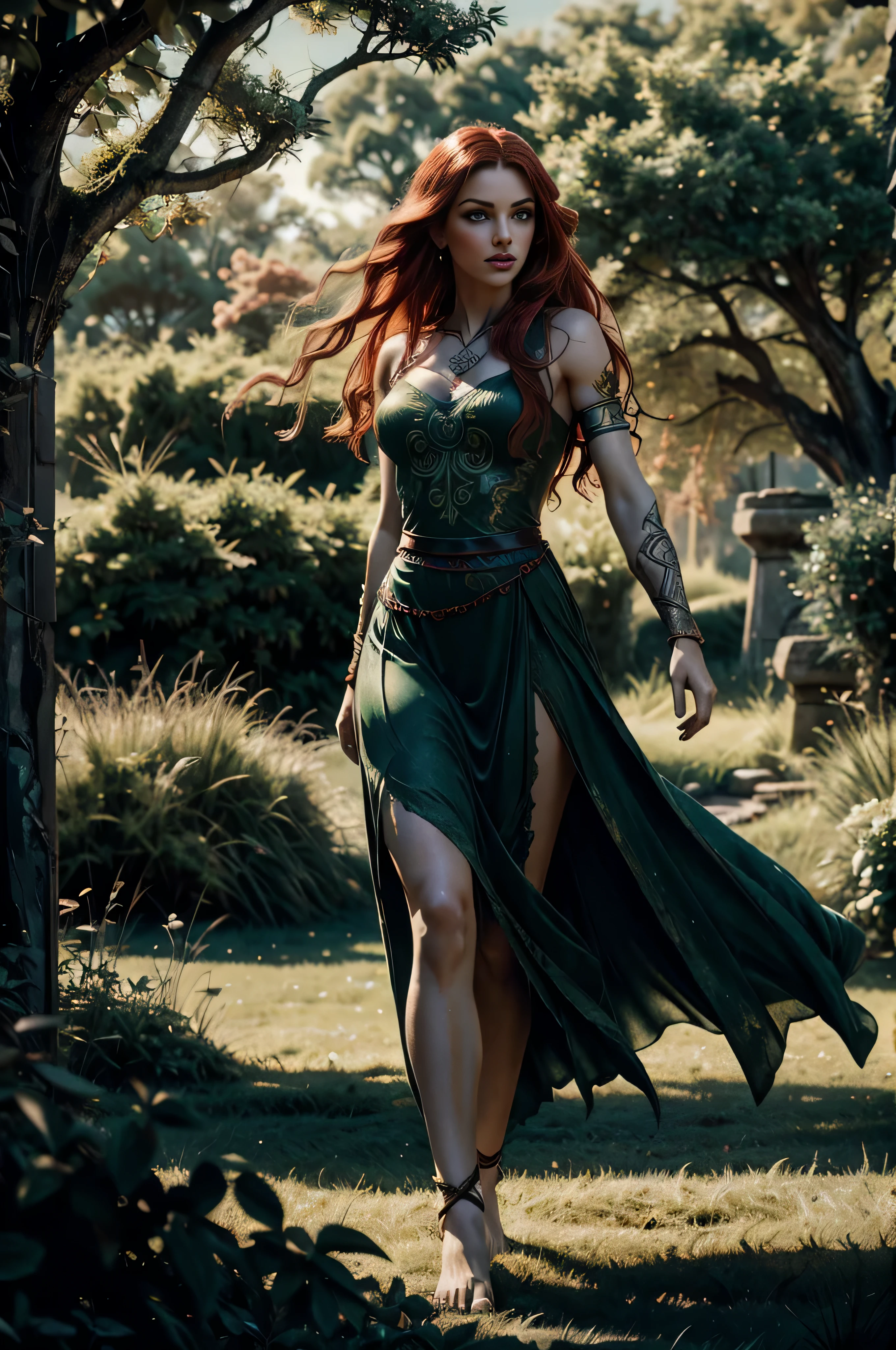 full body Celtic Warrior Woman, Stone Ruins, Tall and Slender, huge ruby green eyes, long wave red hair, red lips, Flowing Dress with Celtic Knot Jewelry, Procreate, Watercolor Technique, Poster Design, barefoot in the grass, 300 DPI, Soft Lighting, Ethereal Art, Mysterious, Serene Expression, Enchanting Atmosphere, bokeh, photo, 8k, dark, dynamic action, pale washed out style, dreamy nostalgic, soft focus, dark vignetting, light leaks, medium photography, gloomy artistic painterly ethereal, whimsical, coarse grain photo