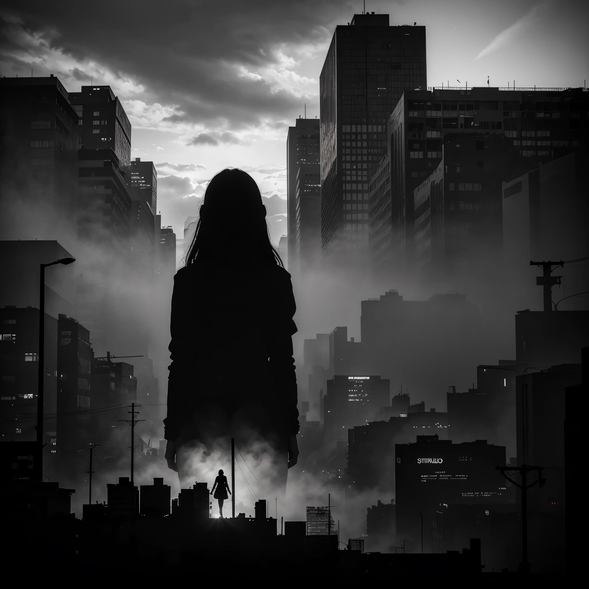 Masterpiece double exposure of a girl silhouette with monochrome apocalypse aftermath, a full color present day metropolis in the underlying backdrop, sharp contrast, detailed crisp lines, in focus, double exposure, by Skyrn99, high quality, high detail, high resolution