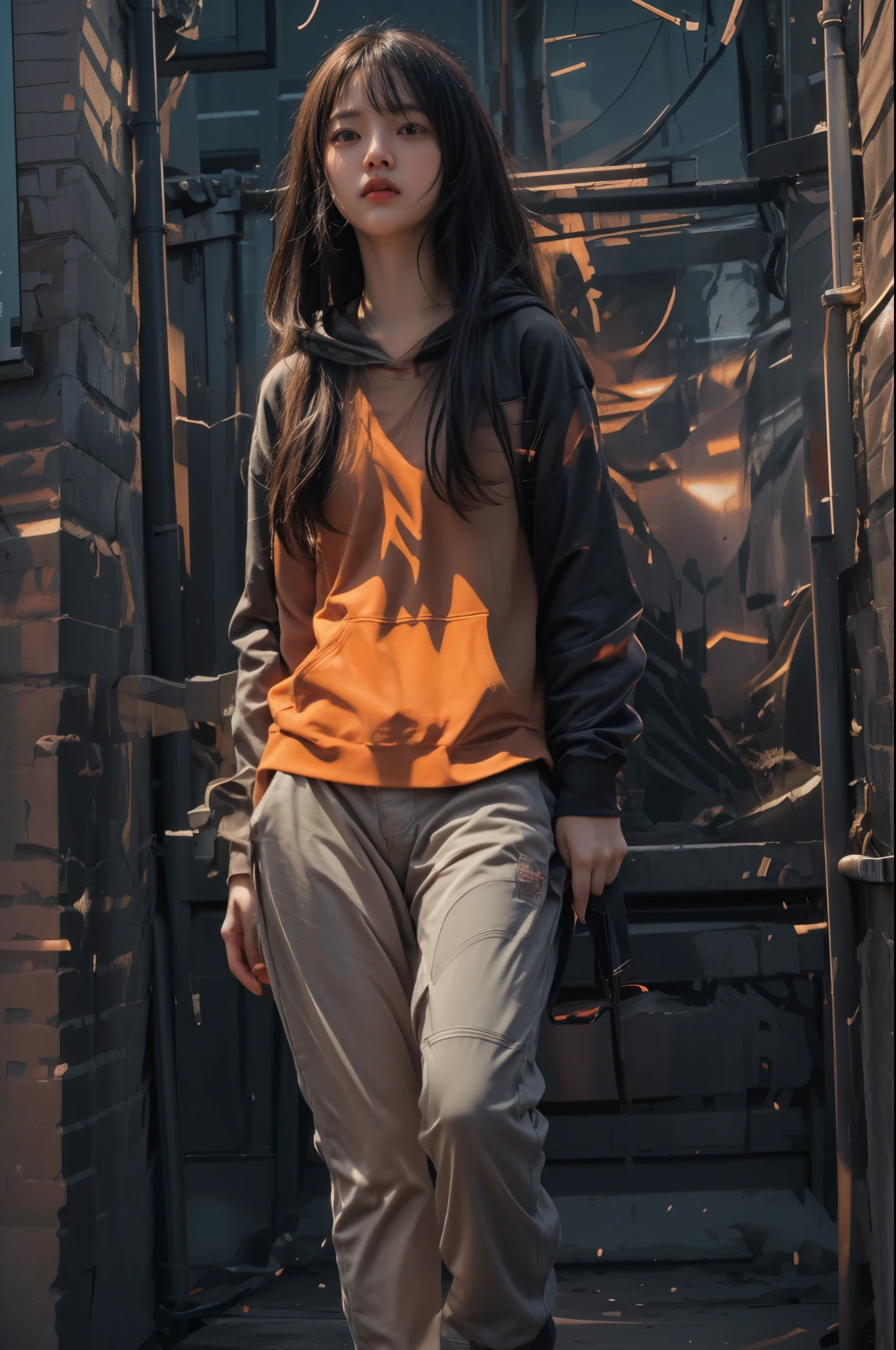 Best quality at best, Top image quality, wallpaper 16k, Raw image, realistic texture masterpiece: 1.9, (((medium long shot))), blur background, image must taken from medium long shot, hyper realistic:5.5, realistic all object texture, (relax pose), relax hand, black gradient white hair, realistic beautiful chinese female, epic dramatic cinematic, Ultra-realistic light, soft lighting, (( perfect female hair masterpiece)), medium long or shorts hair with light black hair, 18-year-old face woman, eye detail masterpiece, pores1.5, realistic skin masterpiece, realistic shadow, slender legs, very slender female physique, yellow jumper hoodie, oversize hoodie, realistic solid cotton wearing masterpiece, realistic solid shoe, 1Girl, tall girl, background 8.5, brunette black hair, Chinese woman, Live the life of Riley, ((long solid cotton trousers)), clear sky:1.3, cyberpunk backpack, sneaker shoe, strong reflection, lighting from side, dramatic side lighting, Background blur, mystical dark japanese steampunk city neon glow light portal: 1.2, light ray realistic masterpiece, warm sun light, warm ray light: 1.2, glow light: 1.2, random light color for the best combination, cinematic grains:1.4, tmasterpiece, masterpiece, ((masterpiece)), (falling glow particle), (taken from below-up perspective shot), image taken from fujifilm xt-3 with Fujinon 50mm lens, appeture f2, shot from below perspective, octan render hyper-realistic power max, Pulitzer Prize for Best Photography, Taylor Wessing Award for Best Photography, Blur the background with a sickle. White smoke foreground and background. Realistic asian female body. Using Photography techniques: Rule of Thirds, Centered Composition and Symmetry, Foreground Interest and Depth, (Frame with the frame), (rule of space), (shot from below), anime tone color, vivid color, vivid glow color masterpiece, reflection:1.5, ultra detail solid trousers, realistic hoodie, super detail of realistic wearing, oval head face, (( strong contrast))