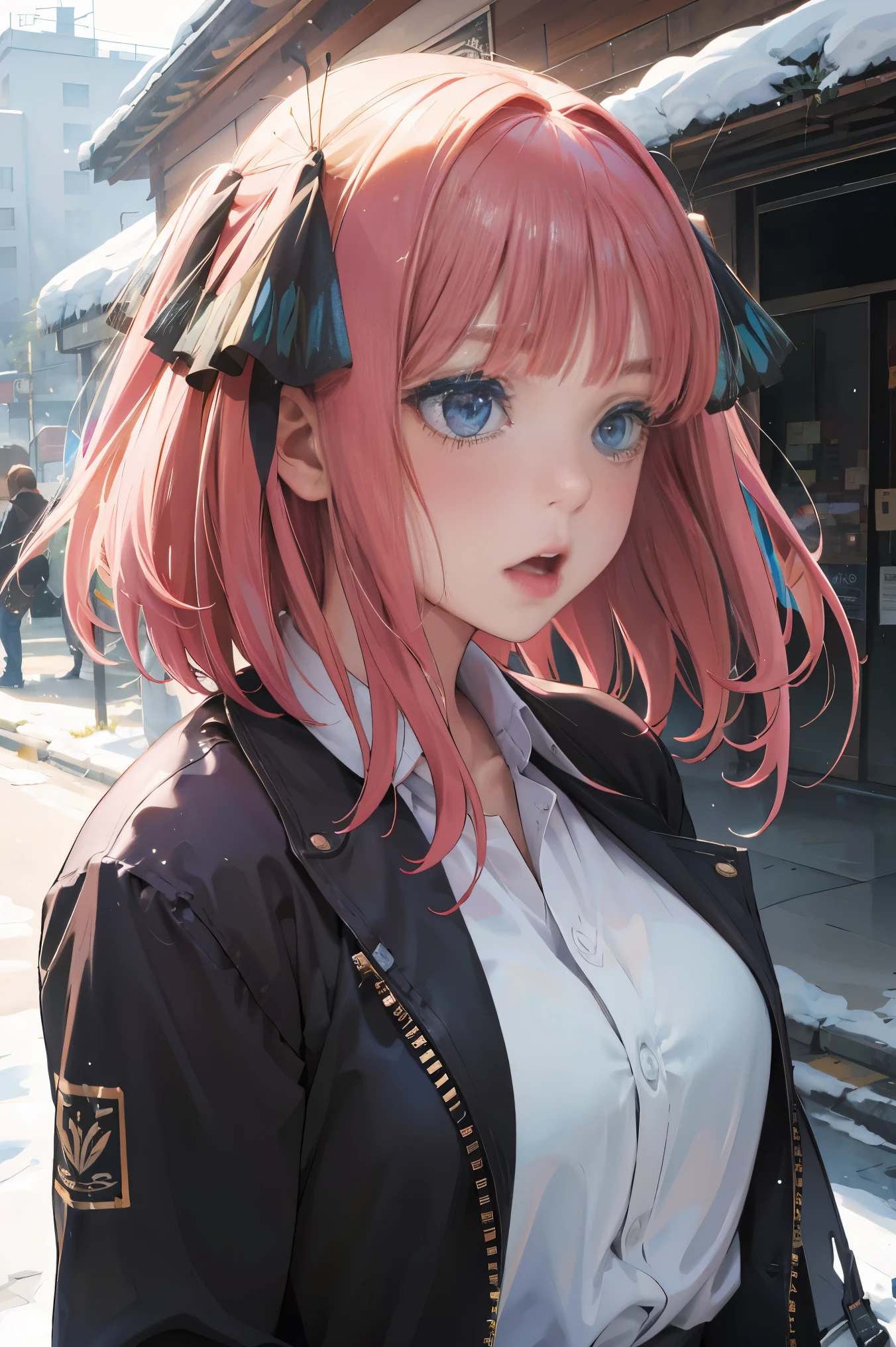 Official art, Unity 8k Wallpapers, ultra-detailliert, Beautifully Aesthetic, masterpiece, top-quality, realisitic, a closeup, Skindentation, interface, A detailed eye, A detailed face, detailed hairs, black backgrounds, straight-on, looking at the viewers, The sheen, Anime, highly detailed with reflections transparent iridescent opaque jacket, Long transparent iridescent RGB hair, 1girl in, Solo, fronds, Long hair, Blurry, Shirt, Parted lips, Outdoors, Floating hair, Long sleeves, White shirt, Bangs, Upper body, Open mouth, tusk, Brown eyes, Wind, Winters,Yuki,snowscape,Blurry background, day, depth of fields, bug,The Bride of Fifths,Jino Nakano,A pink-haired,short-hair,バレンタインチョコを持っている