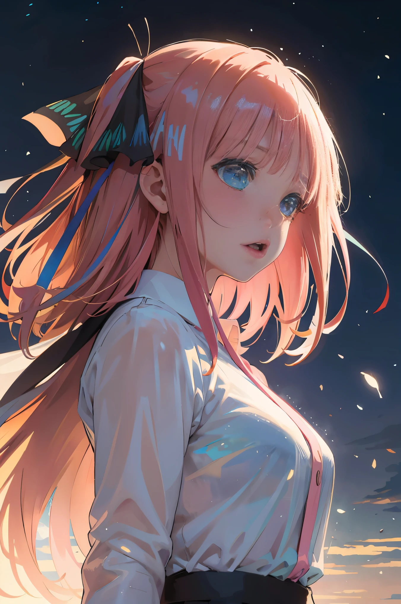 Official art, Unity 8k Wallpapers, ultra-detailliert, Beautifully Aesthetic, ​masterpiece, top-quality, realisitic, a closeup, Skindentation, interface, A detailed eye, A detailed face, detailed hairs, black backgrounds, straight-on, looking at the viewers, The sheen, Anime, highly detailed with reflections transparent iridescent opaque jacket, Long transparent iridescent RGB hair, 1girl in, Solo, fronds, Long hair, Blurry, Shirt,  Parted lips, Outdoors, Floating hair, Long sleeves, White shirt, Bangs, Upper body, Open mouth, tusk, Brown eyes, Wind, Winters，Yuki，snowscape，Blurry background, day, depth of fields, bug,The Bride of Fifths，Jino Nakano，A pink-haired，short-hair，バレンタインチョコを持っている