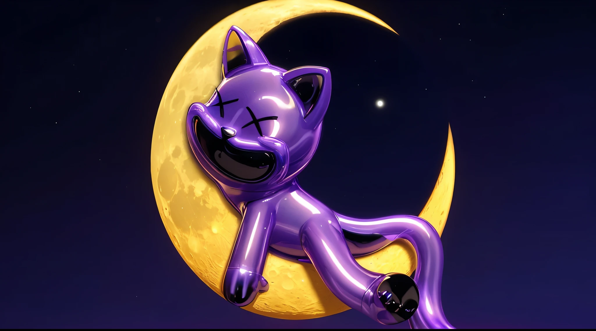 purple cat laying on a yellow moon with a dark blue background, violet purple cat, elokitty, very sad, moon, cute! c4d, high res, cute 3 d render, noon, colored zbrush render, gloomy, night sky background, gviolet cat toy, toy cat sitting on moon, glossy texture, smooth 3d model, multiple light sources, rim light, sharp post effects render, (glossy plastic texture with multiple big light probe refractions), perfect cgi, cgi art created only with gradients, smooth silhouette, high intensity refraction, (super glossy plastic), most beautiful vfx, dark blue background