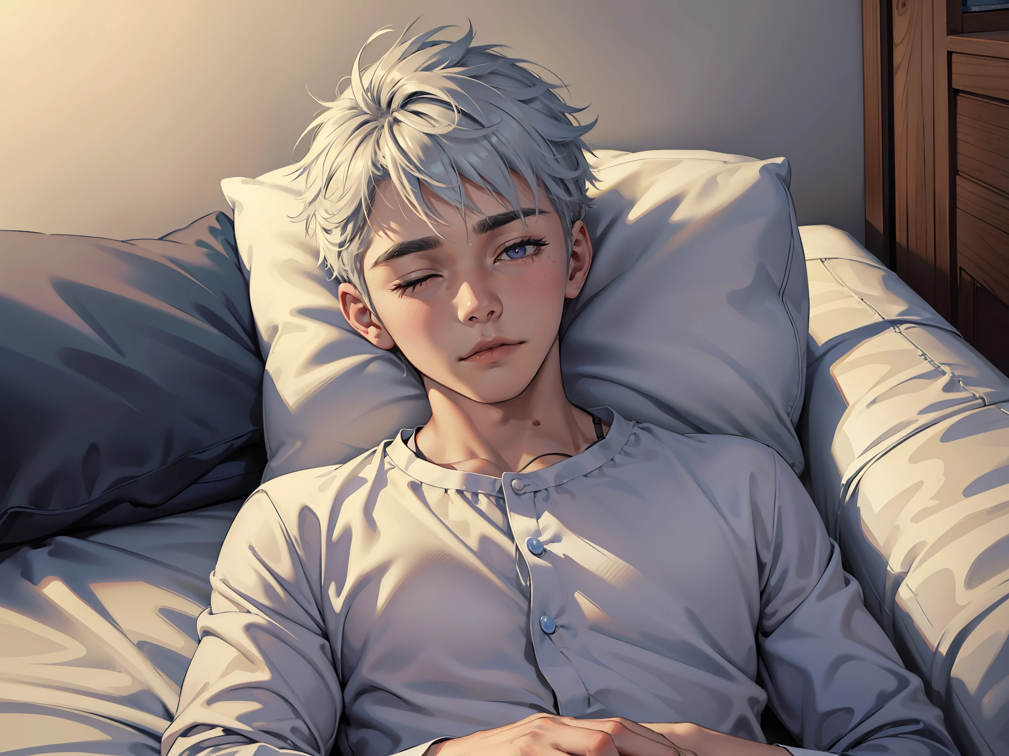 There is a cute young man with silver hair with his eyes closed short hair asleep in his bed he is dreaming table, alta calidad, Mejor calidad, disco duro, Realista, perfect lighting, cara detallada, cuerpo detallado, 1 hombre, pelo negro corto, (innocent expression: 1.5) (Cara inocente: 1.5), Ojos cerrados, Stand in your room while you sleep,