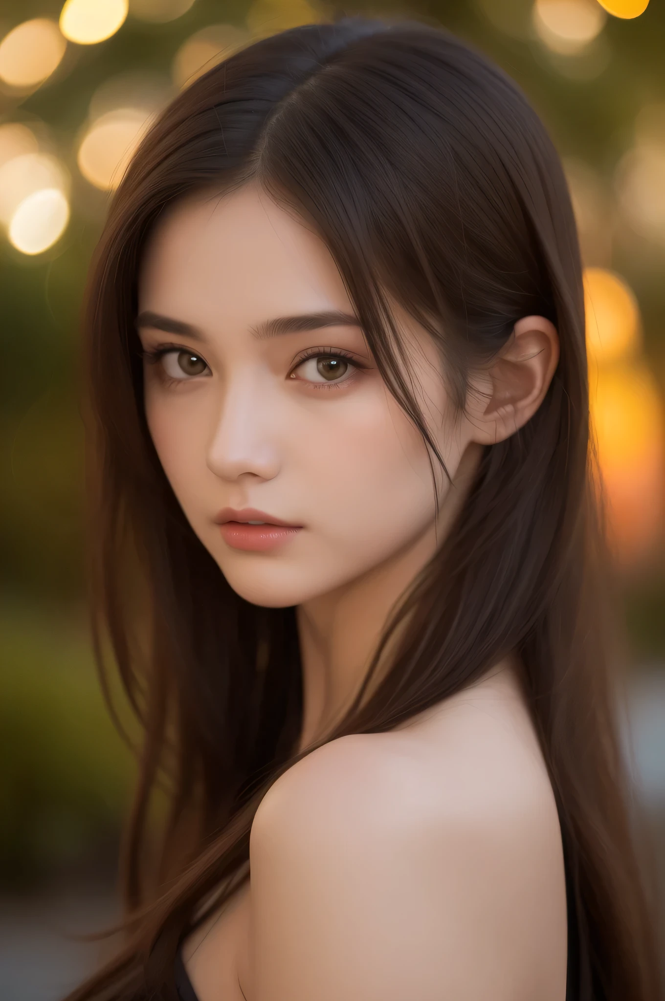 (best quality), (ultra-detailed), (llustration), (detailed light), (an extremely delicate and beautiful), 1ung girl, long hair, brown hair, brown eyes, model, Enchanting, Sublime, Ethereal, Sorrow, confusion, best quality, fantastic, extremely detailed CG unified 8k wallpaper, High-definition raw color photos, professional photograpy, (((Bokeh))), twilight, Golden hour, Backlighting, depth of fields,