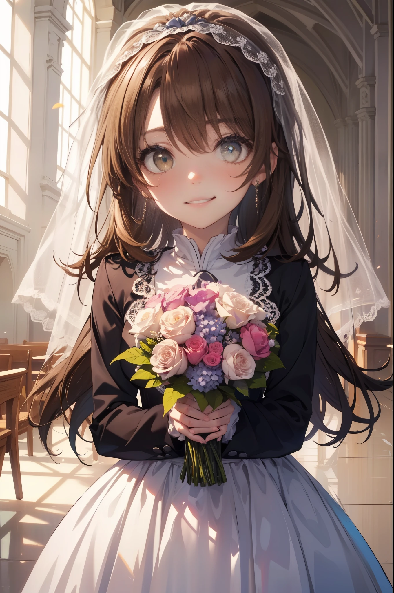 irohaisshiki, Isshiki Iroha, long hair to the waist, brown hair, (brown eyes:1.5), smile,blush,
wedding dress wedding skirt,veil,bouquet,bouquetを投げている,bouquetを投げている
壊す indoors, church,Breaking the chapel looking at viewer,Upper body,whole body,Peek from above and destroy (masterpiece:1.2), highest quality, High resolution, unity 8k wallpaper, (shape:0.8), (beautiful and detailed eyes:1.6), highly detailed face, perfect lighting, Very detailed CG, (perfect hands, perfect anatomy),