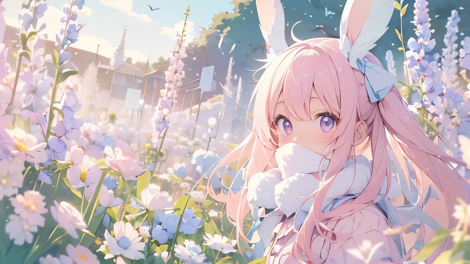 beautiful illustrations, highest quality, pretty girl, pastel colour, fluffy rabbit ears, pink long hair, light pink eyes,standing in a field of nemophila flowers
