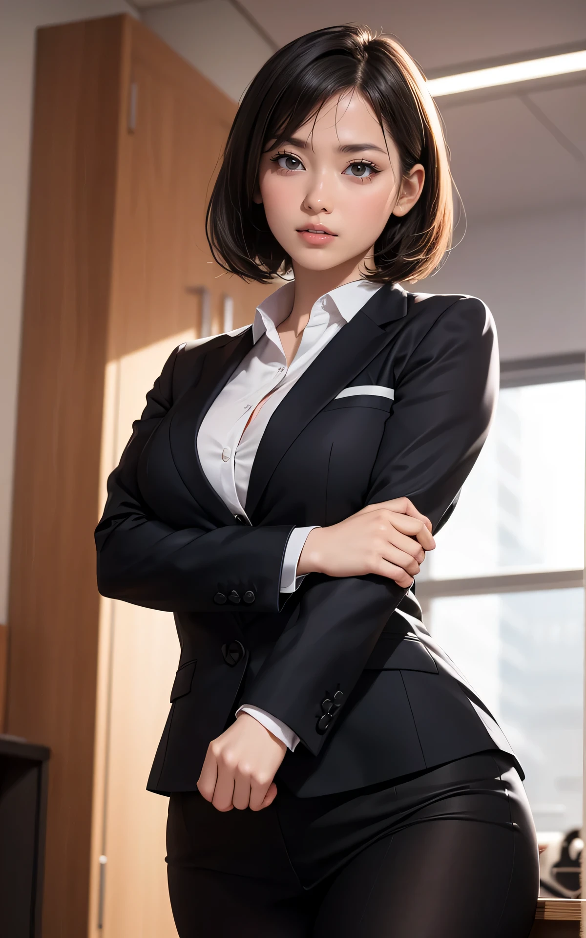 (Top quality, 8K, 32K, Masterpiece, hyper HD: 1.2), 1 girl, beautiful  japanese woman, Thin waist, Shiny skin, Gray suit, Open jacket, Office Lady, suit, Mini skirt, Office, desk, (Spread legs: 1.2), Fine face, Short hair, white liquid on her legs and face