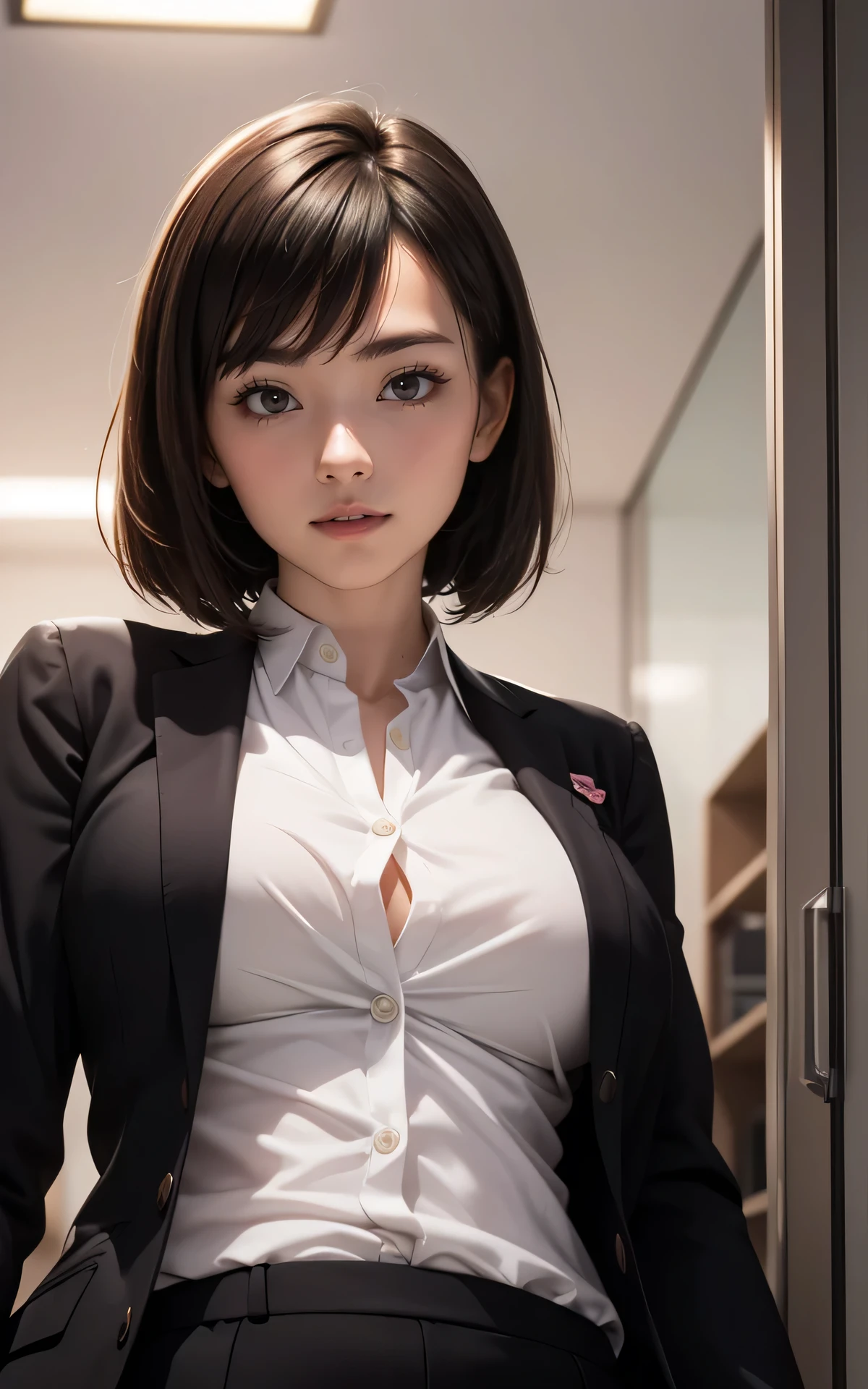(photorealistic:1.6),(High resolution:1.6),(beautiful),((one woman)),(solo female:1.1),(one person photo:1.3),(beady eyes:1.3),(large eyes:1.3),(Light brown hair),(Bangs Bangs),(sexy),(cool beauty:1.3),chuuChloe,(Personality is lewd),(Front lighting),(Brightened up photo),(small Thong:1.4),(formal black jacket:1.4),(White Y-shirt:1.3),(Office lady:1.2)