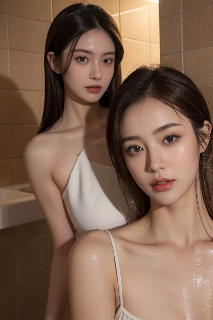 two asian women in a bathtub with a magazine cover, young gravure idol, young pretty gravure idol, young sensual gravure idol, realistic young gravure idol, magazine photo, ayami kojima and lyde caldwell, posing together in bra, sophisticated gravure idol, young skinny gravure idol, two girls, by Kinichiro Ishikawa