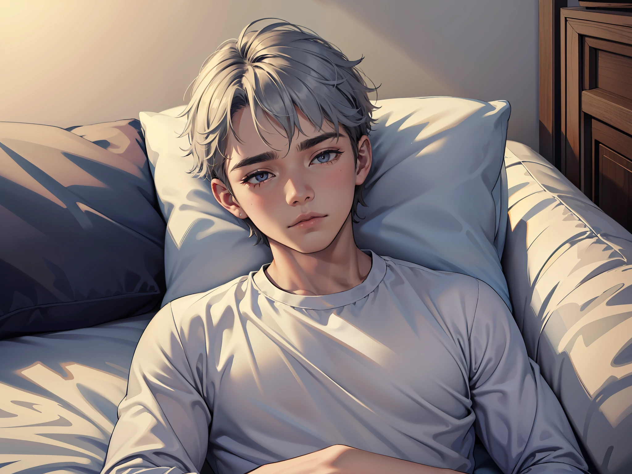 hay un joven lindo de cabello plateado corto, with his eyes closed short hair asleep in his bed he is dreaming table, alta calidad, Mejor calidad, disco duro, Realista, perfect lighting, cara detallada, cuerpo detallado, 1 hombre, pelo negro corto, (innocent expression: 1.5) (Cara inocente: 1.5), Ojos cerrados, Stand in your room while you sleep,