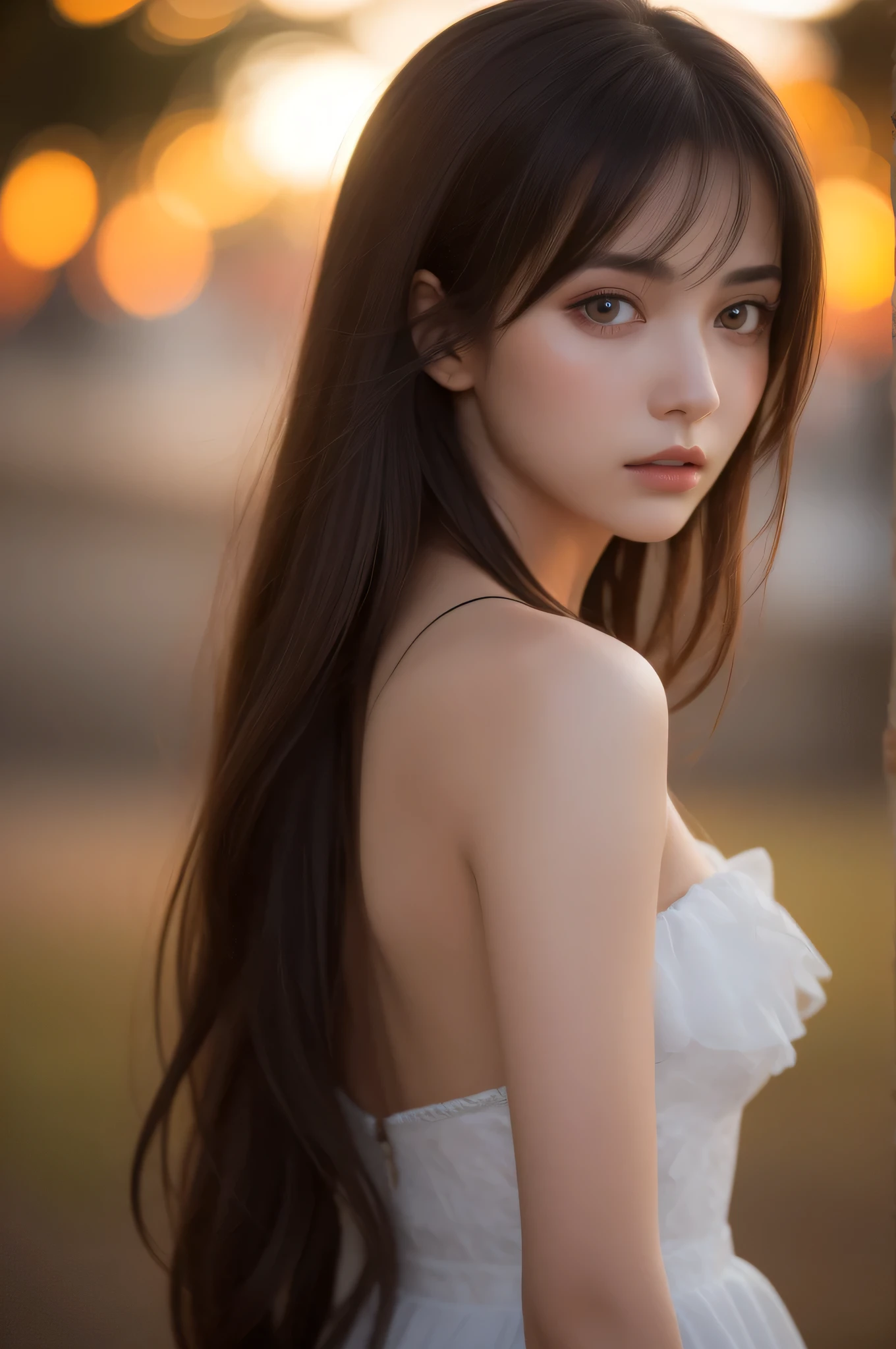 (best quality), (ultra-detailed), (llustration), (detailed light), (an extremely delicate and beautiful), 1young girl, long hair, brown hair, brown eyes, model, Enchanting, Sublime, Ethereal, Sorrow, confusion, best quality, fantastic, extremely detailed CG unified 8k wallpaper, High-definition raw color photos, professional photograpy, (((Bokeh))), twilight, Golden hour, Backlighting, depth of fields,