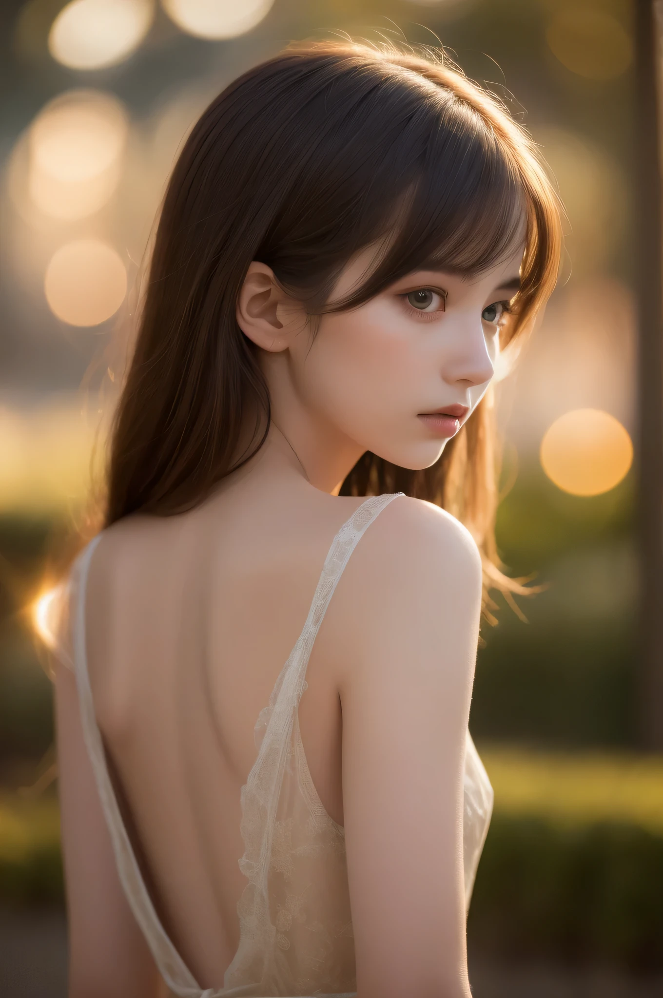 (best quality), (ultra-detailed), (llustration), (detailed light), (an extremely delicate and beautiful), 1ung girl, long hair, brown eyes, (Innocent and cute expression), model, Enchanting, Sublime, Ethereal, fantastic, extremely detailed CG unified 8k wallpaper, High-definition raw color photos, professional photography, (Bokeh), twilight, Golden hour, Backlighting, depth of fields,