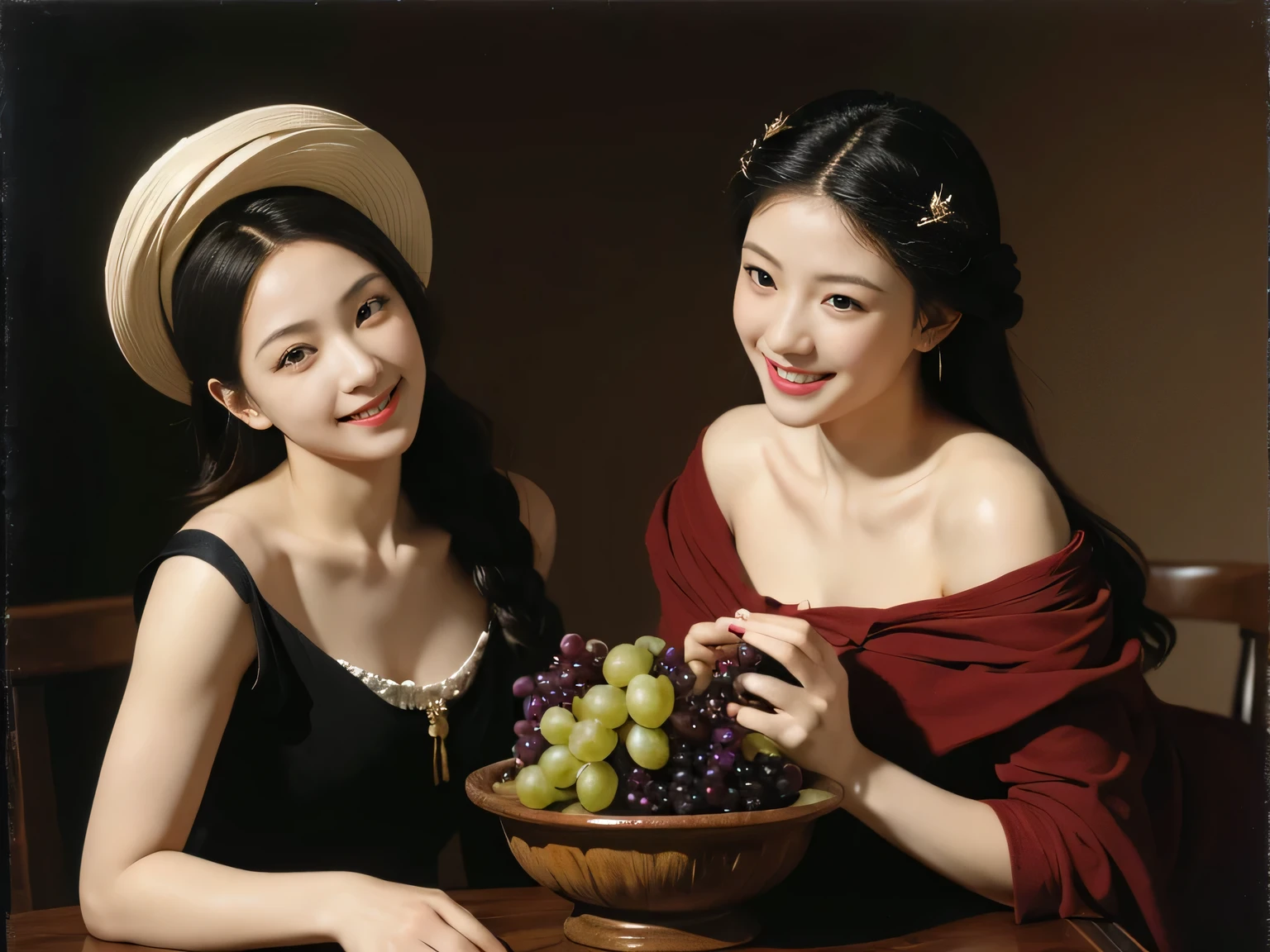 full body portrait ,fruits,Grapes,Rosa,antique,A smile,,Sweet and seductive appearance.、Caravaggio's paintings、Chiaroscuro of Caravaggio,Two women frolicking,Cute smile, Expression of ecstasy