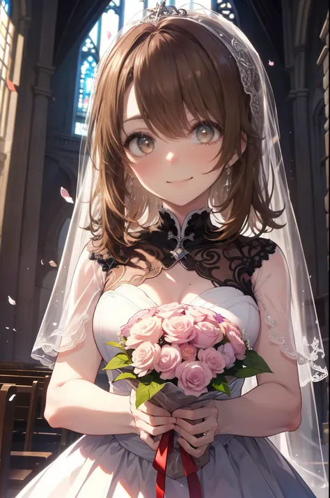 irohaisshiki, isshiki iroha, long hair to the waist, brown hair, (brown eyes:1.5), smile,blush,
wedding dress wedding skirt,veil...