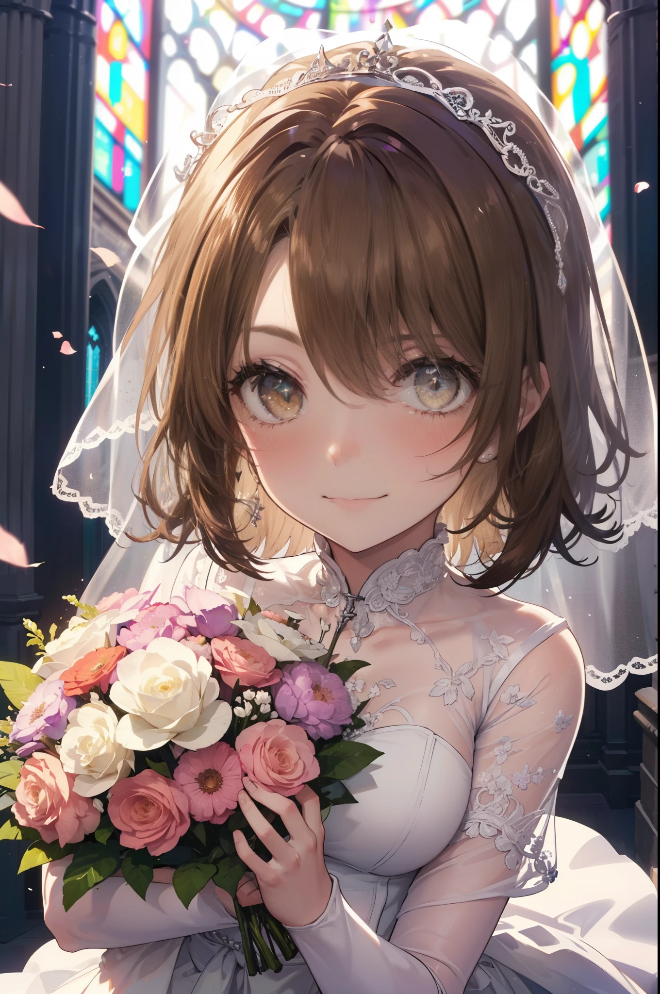 irohaisshiki, Isshiki Iroha, long hair to the waist, brown hair, (brown eyes:1.5), smile,blush,
wedding dress wedding skirt,veil,bouquet,holding a large bouquet of flowers in both hands,Throwing a large bouquet of flowers with both hands,
destroy indoors, church,Breaking the chapel looking at viewer,Upper body,whole body,Peek from above and destroy (masterpiece:1.2), highest quality, High resolution, unity 8k wallpaper, (shape:0.8), (beautiful and detailed eyes:1.6), highly detailed face, perfect lighting, Very detailed CG, (perfect hands, perfect ???????),