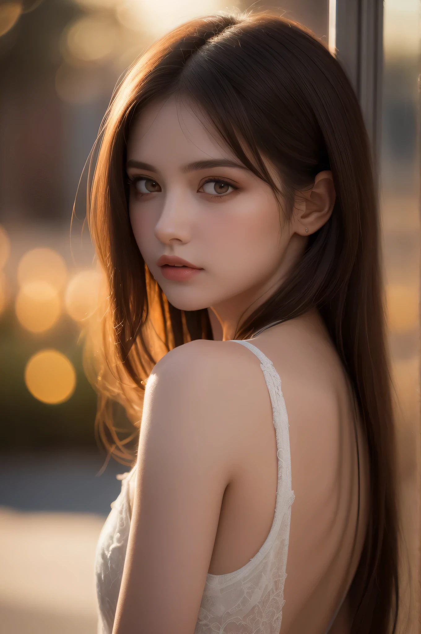 (best quality), (ultra-detailed), (llustration), (detailed light), (an extremely delicate and beautiful), 1young girl, long hair, brown hair, brown eyes, model, Enchanting, Sublime, Ethereal, Sorrow, confusion, best quality, fantastic, extremely detailed CG unified 8k wallpaper, High-definition raw color photos, professional photograpy, (((Bokeh))), twilight, Golden hour, Backlighting, depth of fields,