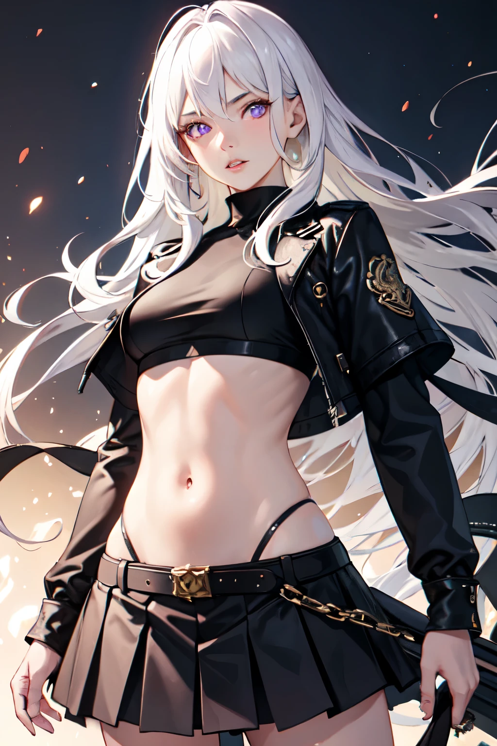 realistic, 1girl, white hair, purple eyes, glowing eyes, crop top, skirt, parted lips, naked
