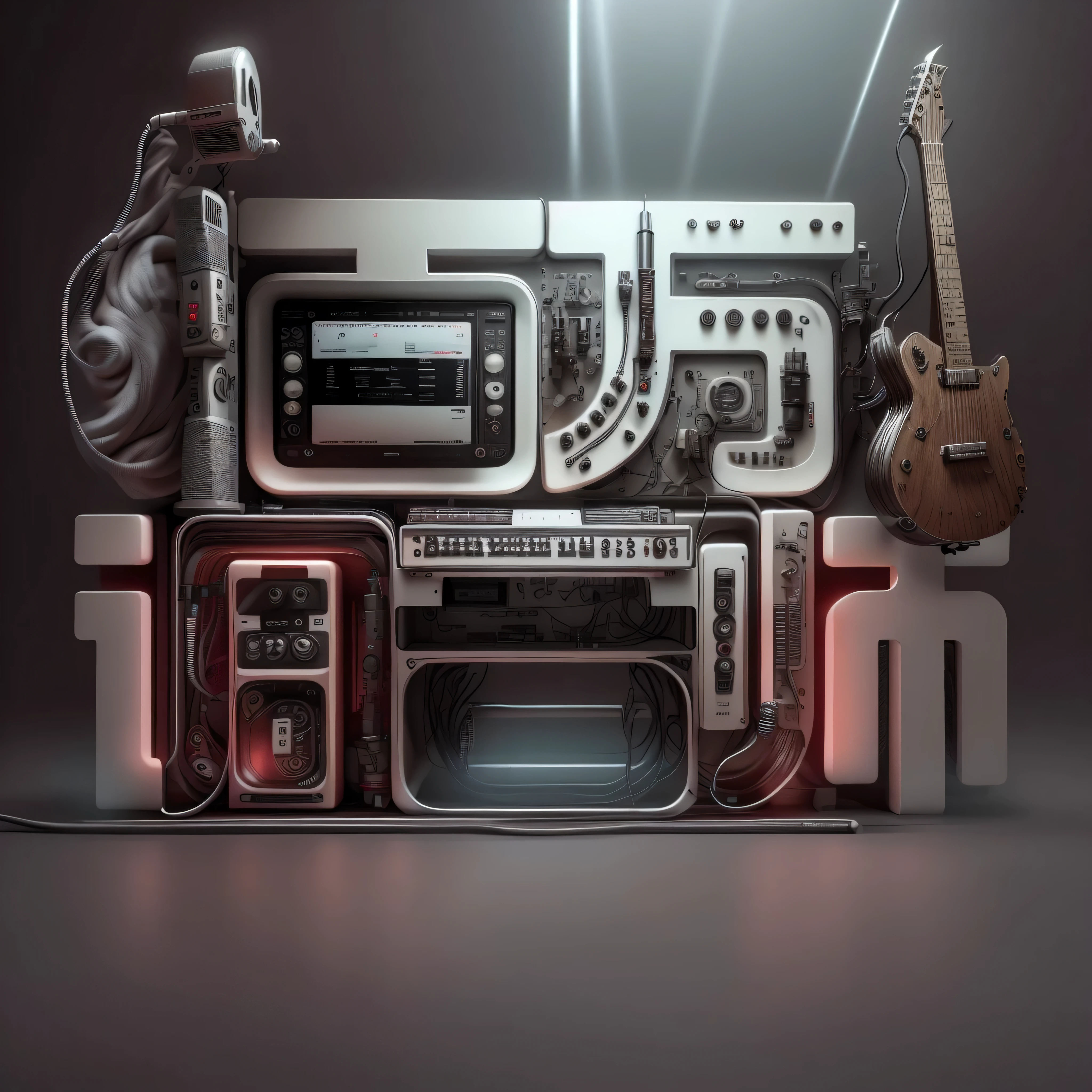 masterpiece，best quality，super detailed，Small stage，band，microphone，electric guitar，mixer，vocal，keyboard，dark gothic pattern，earphone，Indoor light，vacuum tube