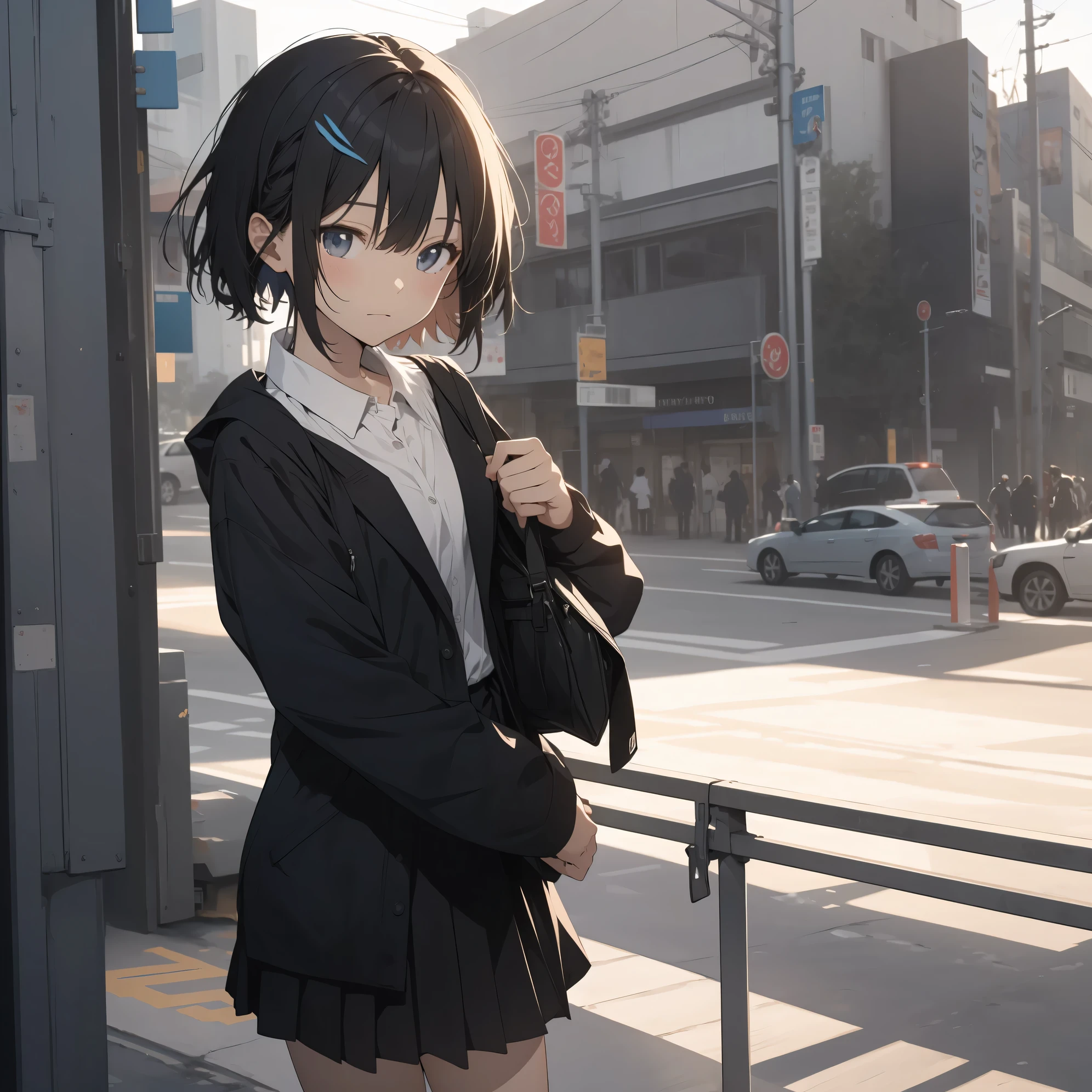 Super high quality by the art god, super detailed, High resolution, anime moe art style, best anime 8K konachan wallpaper, pixiv contest winner, perfect anatomy, break,(眠そうにalone学校へ行く女の子を描いてください. )break, 1 girl, cute,(alone,little woman, , :1.3),All limbs, full finger,, The charm of an immature body, (very short hair), flat chest, small ass, between legs, Small black eyes, beautiful and fine eyes, Well-proportioned iris and pupils, expressive eyes, High resolutionの詳細な髪, ribbon, skirt, pleated skirt, school uniform, (detailed lighting), (detailed background), On the way to school. break,super dense skin, Best lighting by famous artists, 8K, figure,UHD, rough skin