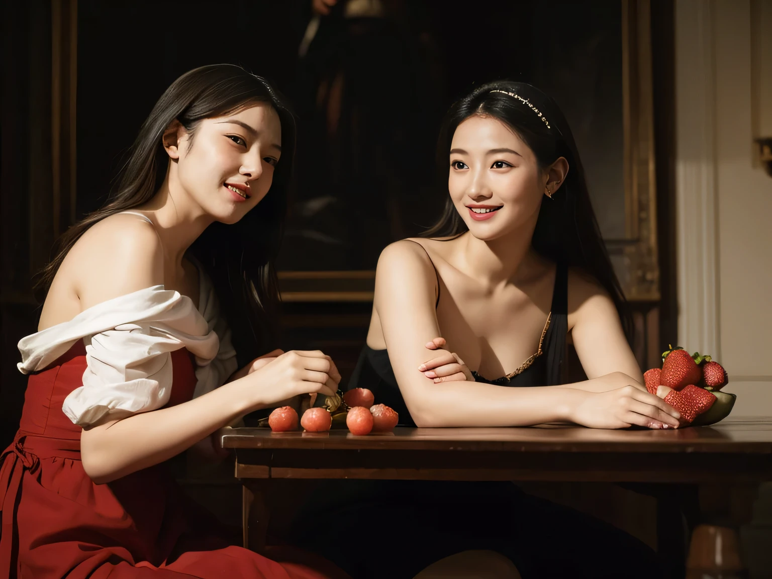fruits,Grapes,Rosa,antique,A smile,,Sweet and seductive appearance.、Caravaggio's paintings、Chiaroscuro of Caravaggio,Two women frolicking,Cute smile, Expression of ecstasy