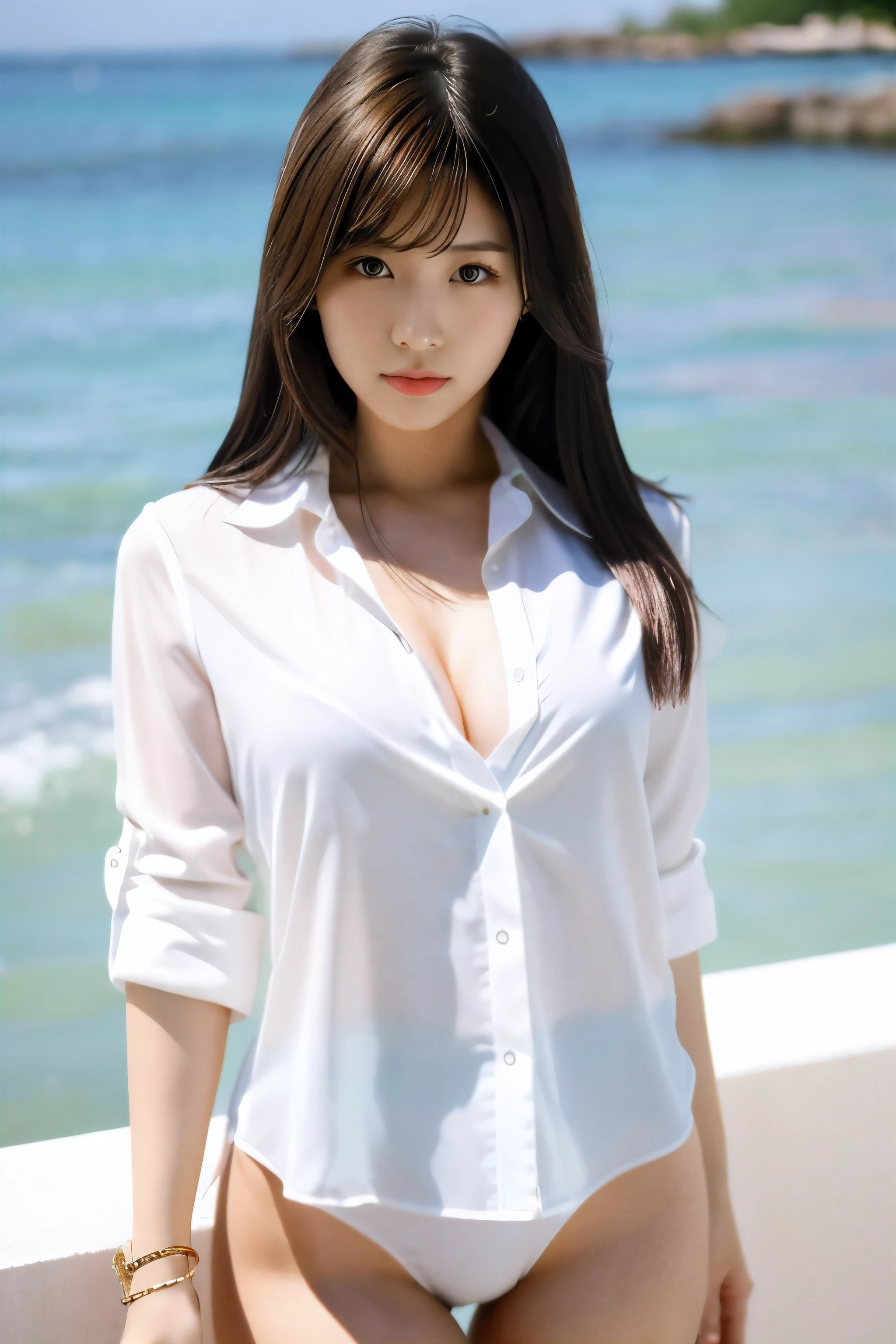 ベッドに座っているwore a white shirtアラフェッドのアジア人女性, beautiful south korean woman, gorgeous young korean woman, korean girl, beautiful young korean woman, open shirt, korean woman, wore a white shirt, beautiful asian girl, fine white shirt, wearing white clothes, smooth white tight clothing suit, wearing a blouse, wearing a white shirt, japanese goddess,Hair style is medium hair,Big breasts about the size of an F cup,Wearing a pure white micro bikini,