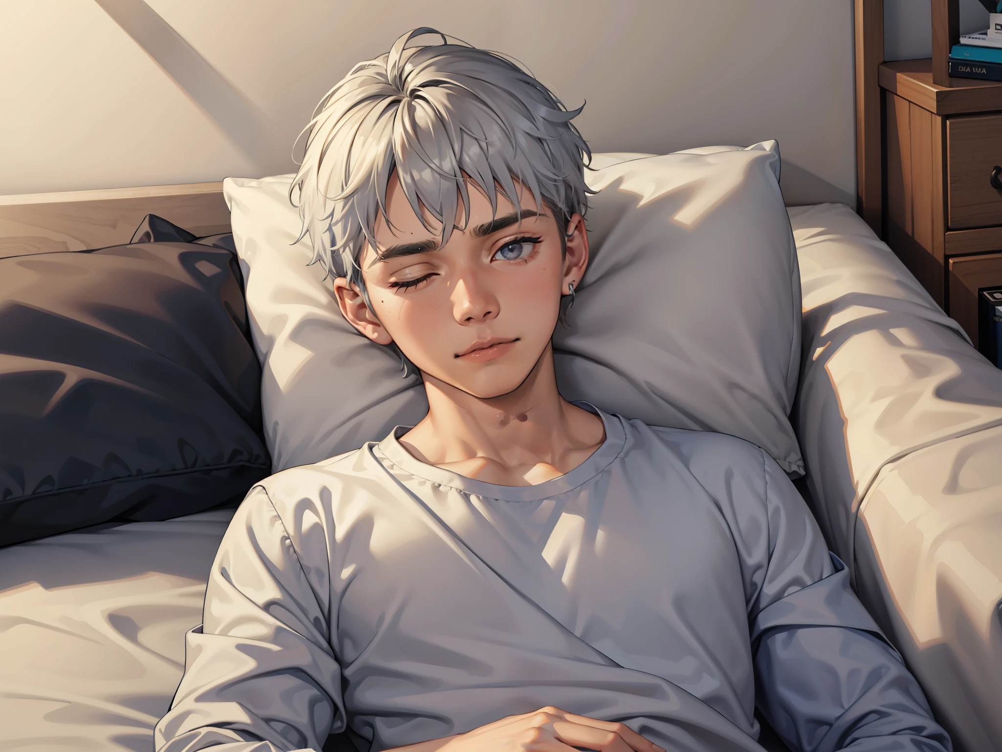 There is a cute young man of 18 years old silver hair with his eyes closed short hair asleep in his bed he is dreaming table, alta calidad, Mejor calidad, disco duro, Realista, perfect lighting, cara detallada, cuerpo detallado, 1 hombre, pelo negro corto, (innocent expression: 1.5) (Cara inocente: 1.5), Ojos cerrados, Stand in your room while you sleep,