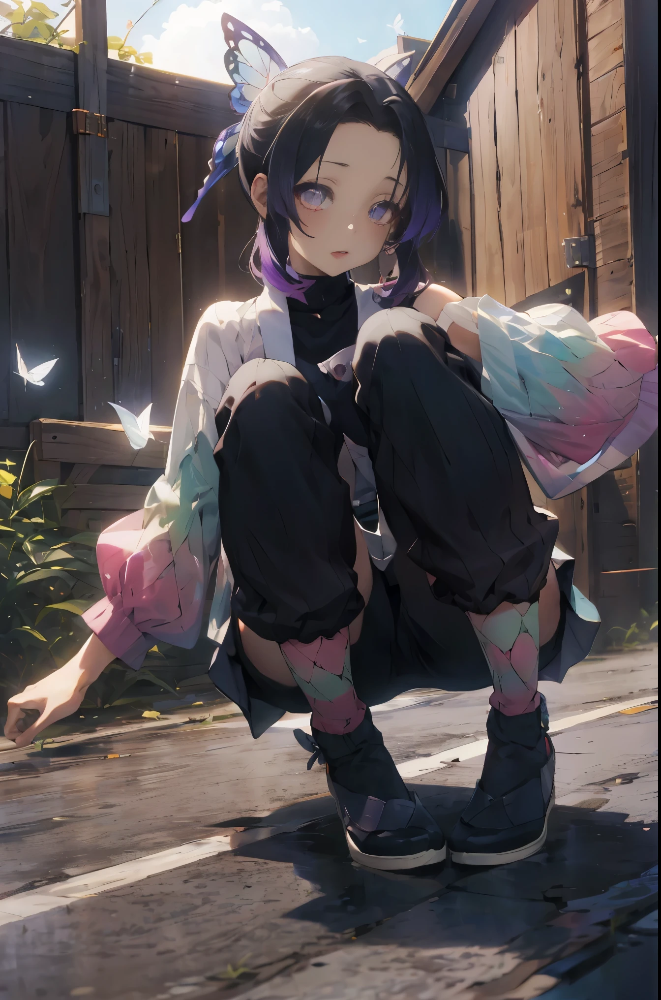 masutepiece, Best Quality, hight resolution, 1girl in, 独奏, kochou shinobu, Decorate your hair with butterflies, violet eyes, Multi-colored hair, Short hair, Parted bangs, Short shorts, open one's legs, Skirt, Turtleneck Top, outside of house, Erotica, Body line, Black pants